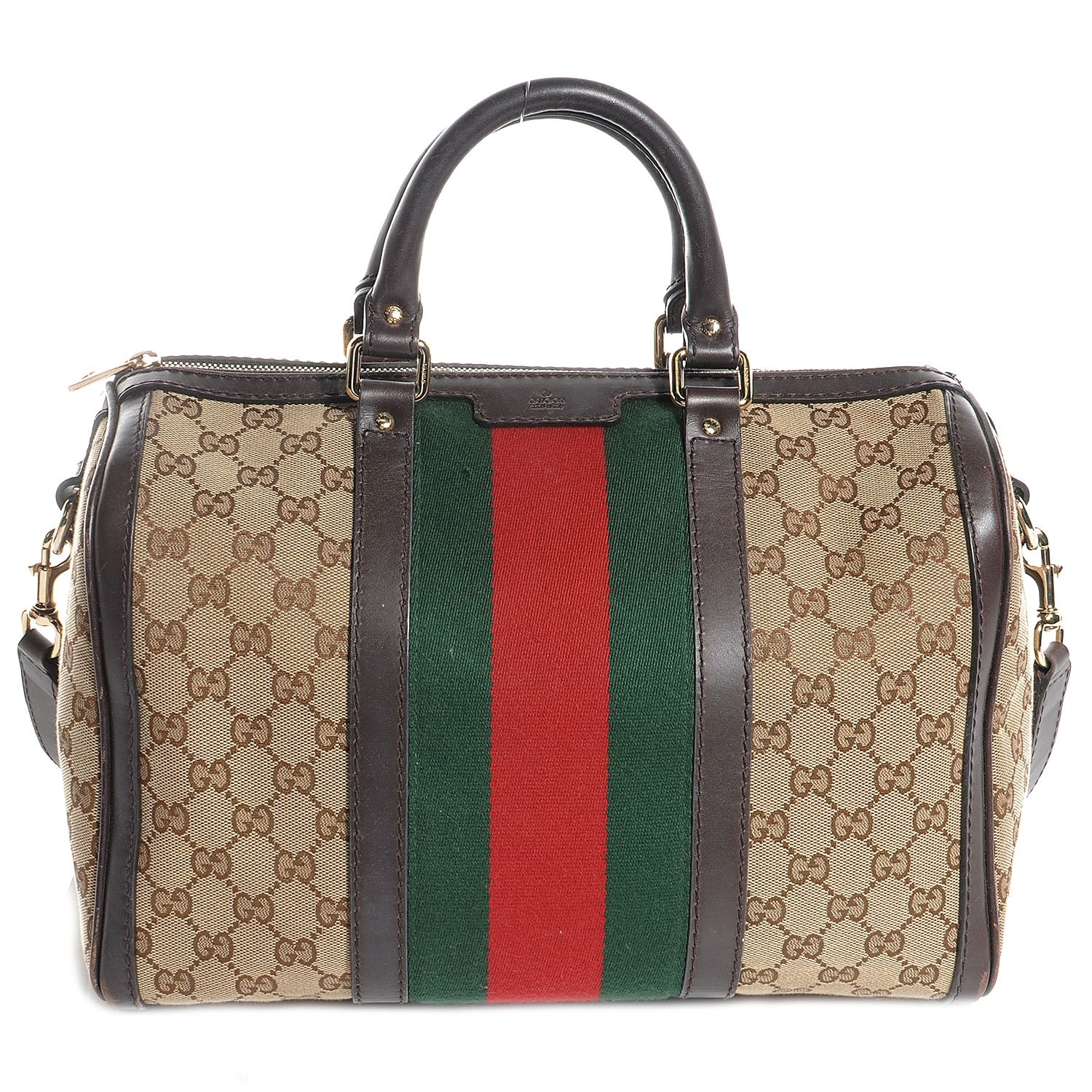Gucci Monogram Selleria Calfskin Vintage Web Medium Boston Beige Ebony Cocoa 1 of 9