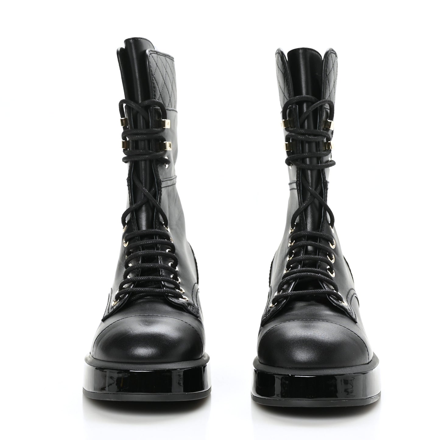 Calfskin Patent Quilted CC Lace Up Combat Boots 38 Black