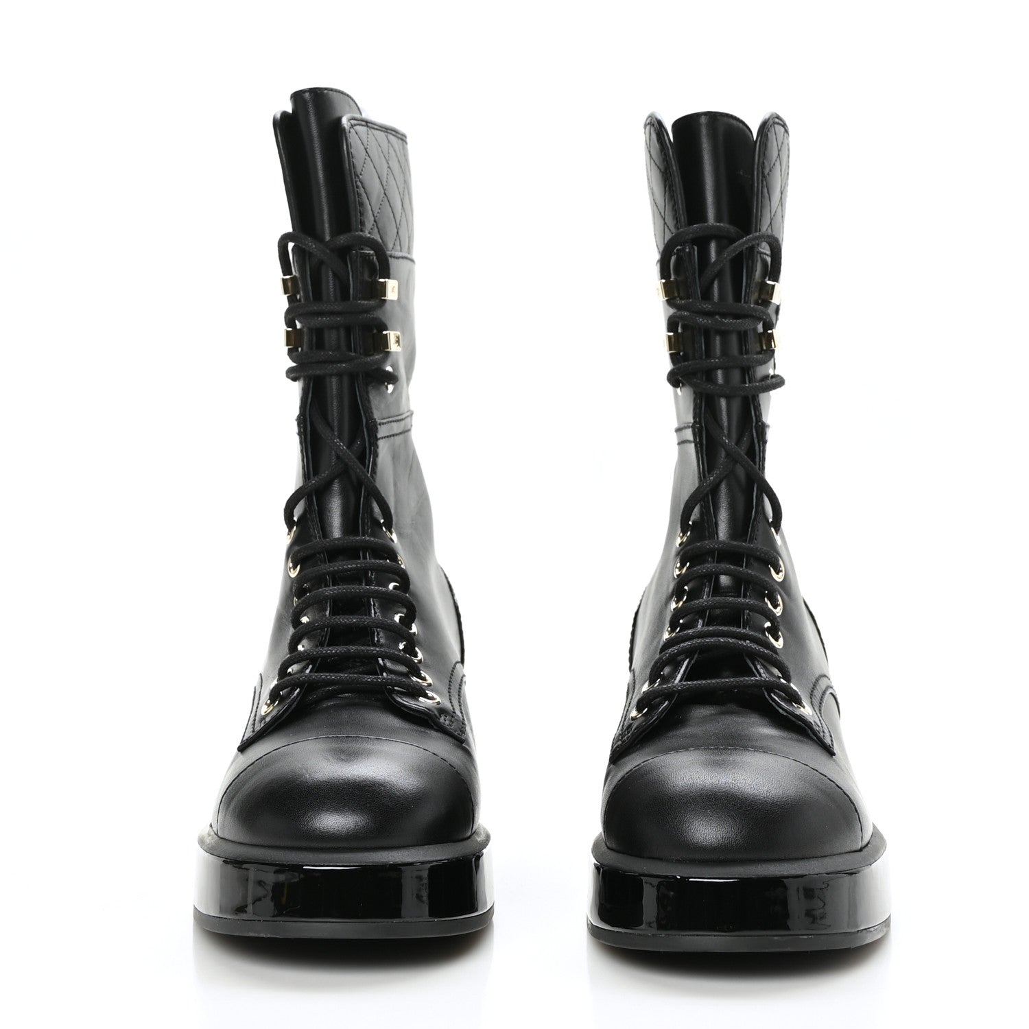 Chanel Calfskin Patent Quilted CC Lace Up Combat Boots 38 Black 2 of 7