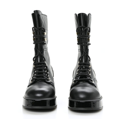 Chanel Calfskin Patent Quilted CC Lace Up Combat Boots 38 Black 2 of 7