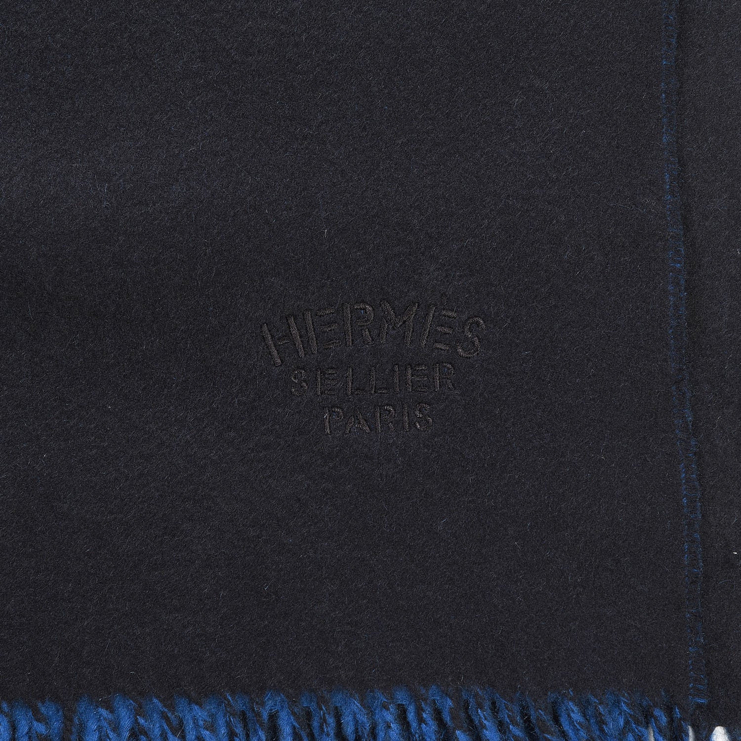 Hermes Cashmere Fringe Double Face Stole Black Bleu Saphir 6 of 7