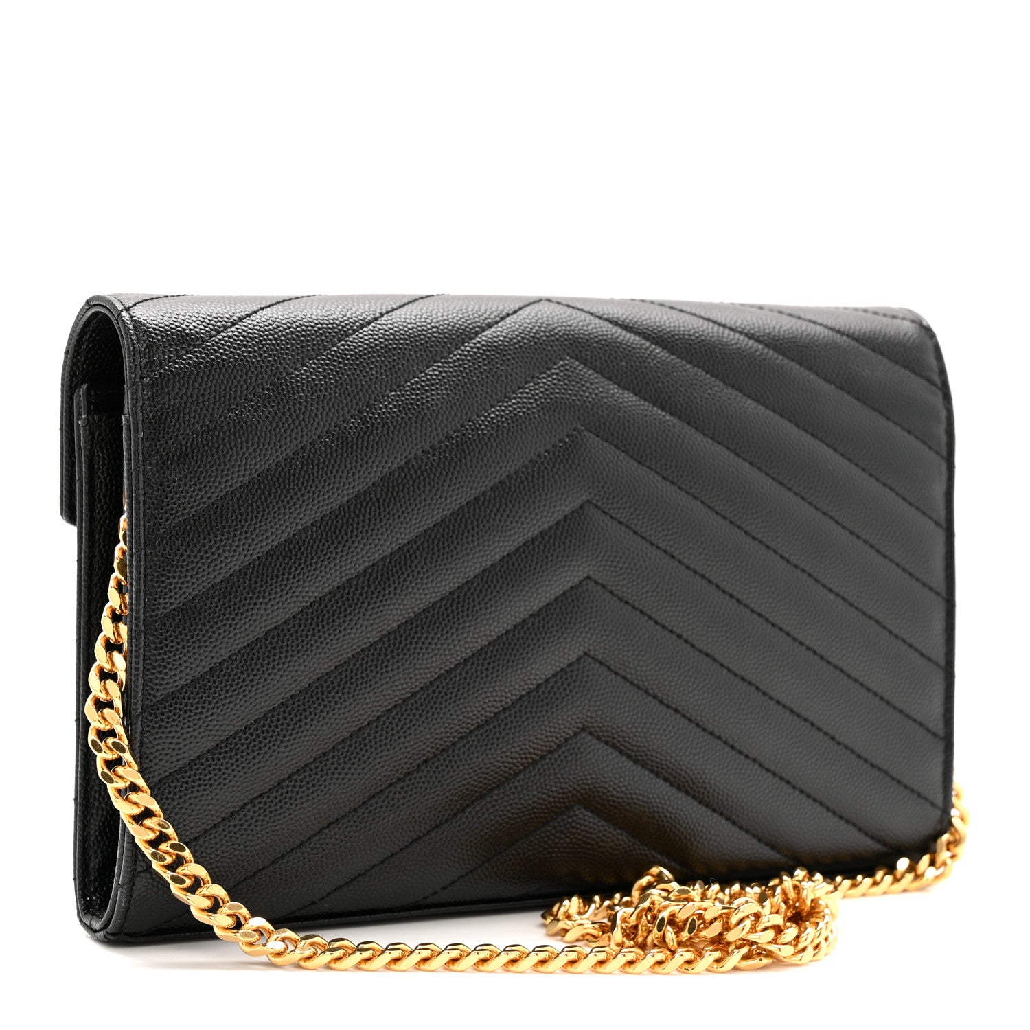 Saint Laurent Grain De Poudre Matelasse Chevron Monogram Chain Wallet Black 3 of 11