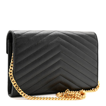 Saint Laurent Grain De Poudre Matelasse Chevron Monogram Chain Wallet Black 3 of 11