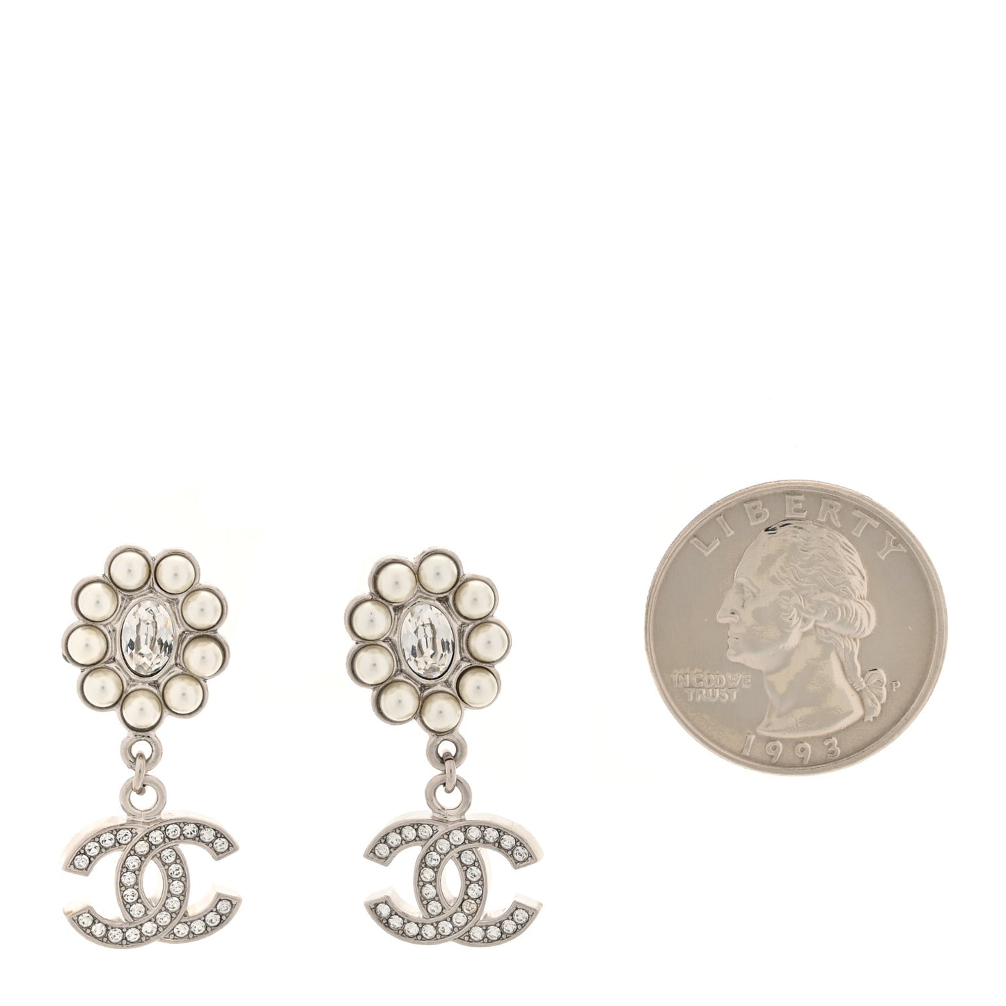 Crystal Pearl Coco Mark CC Drop Earrings Silver