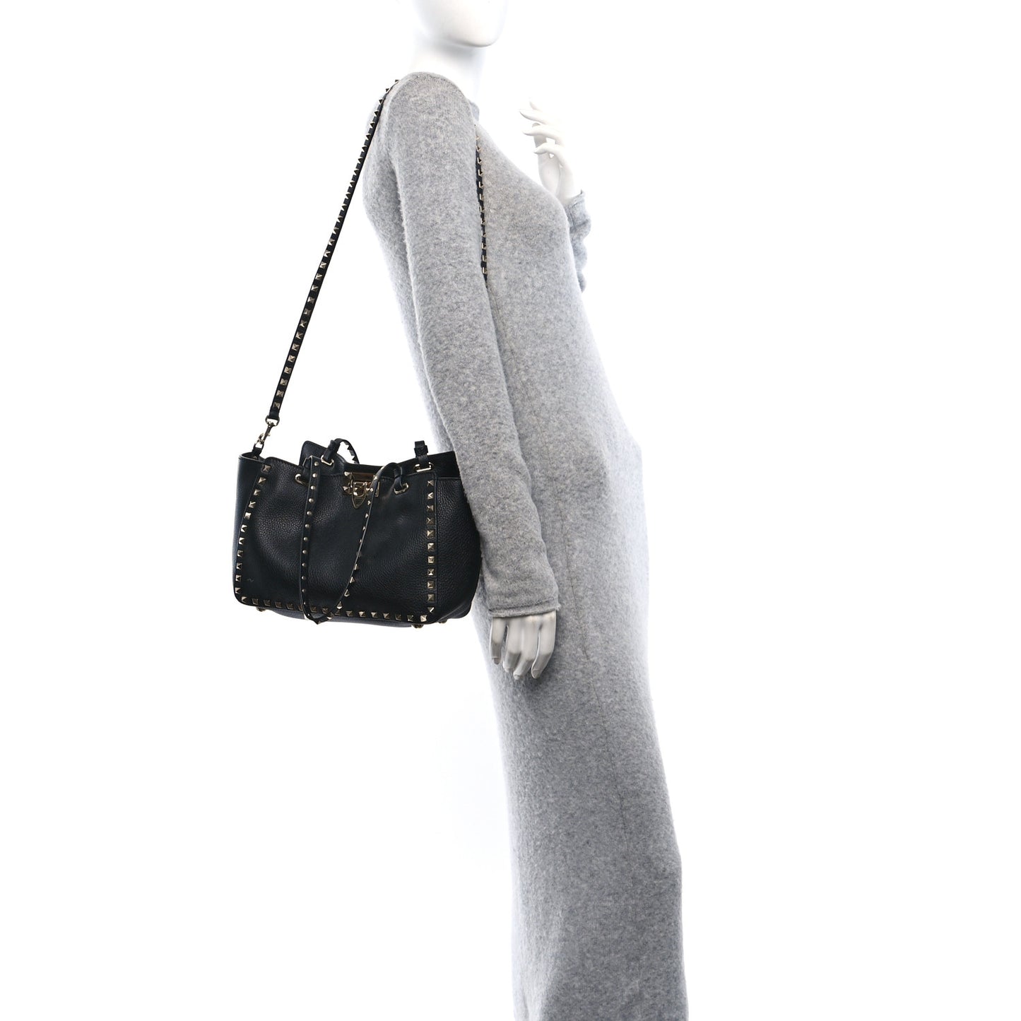 Grained Calfskin Small Rockstud Tote Black