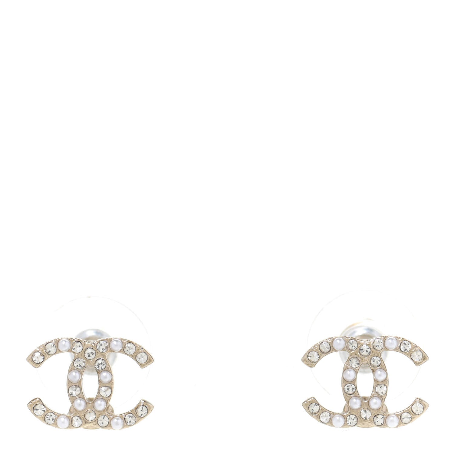 Chanel Pearl Crystal CC Charms Stud Earrings Light Gold 1 of 5