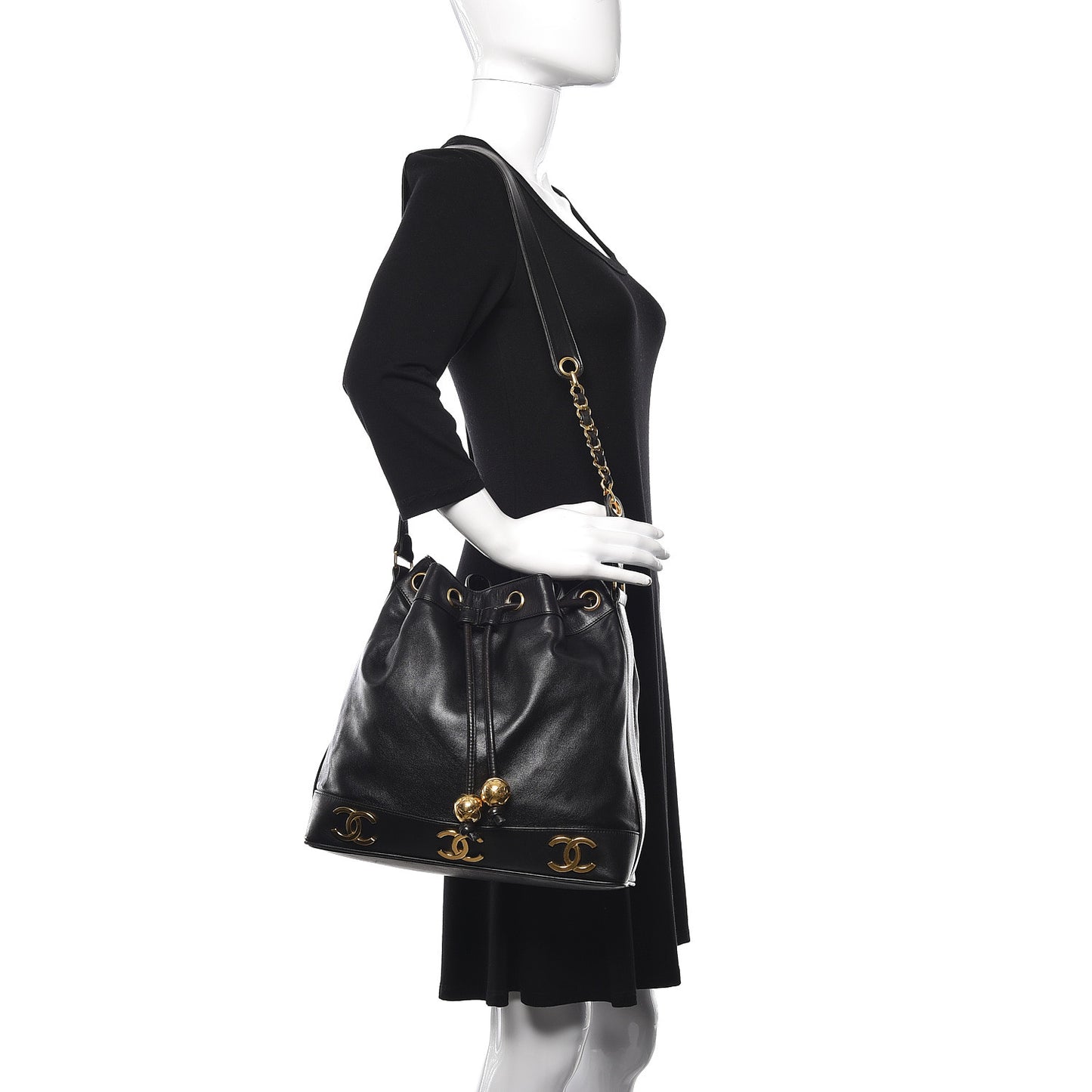 Lambskin CC Drawstring Shoulder Bag Black