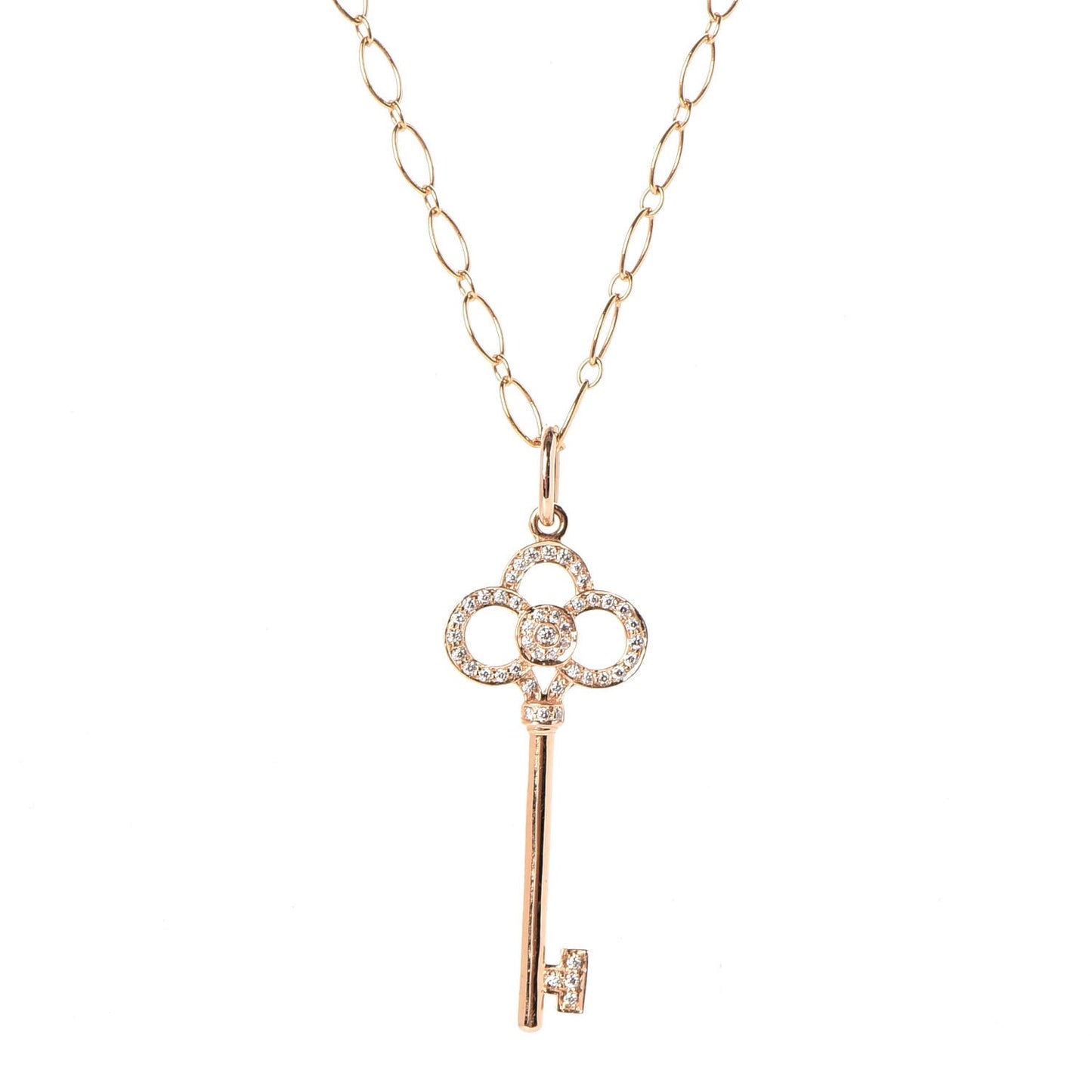 18K Yellow Gold Diamond Crown Key Pendant Link Chain Necklace