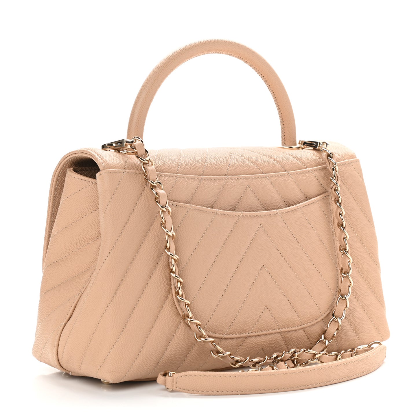 Caviar Chevron Quilted Small Coco Handle Flap Beige