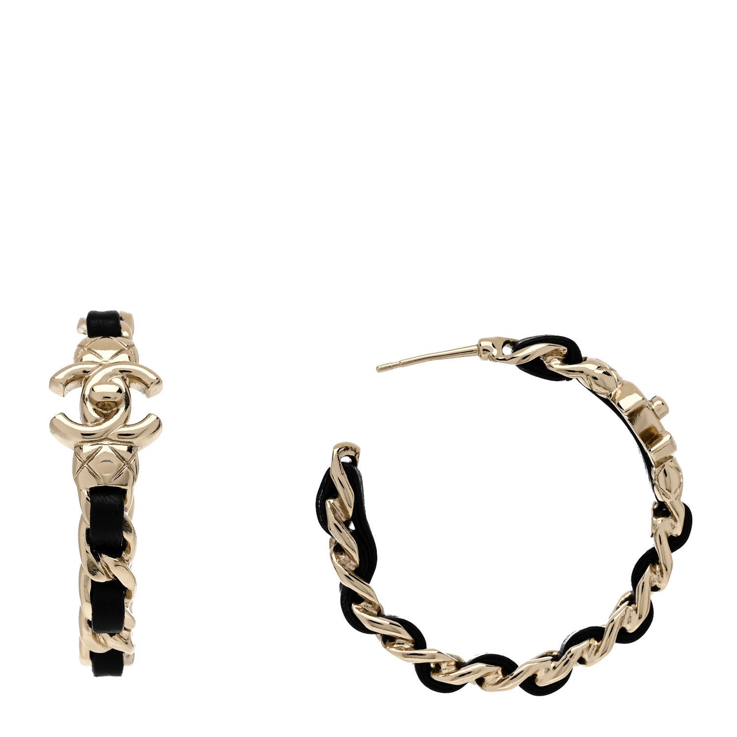 Chanel Metal Lambskin Quilted CC Turnlock Chain Hoop Earrings Gold Black 1 of 5