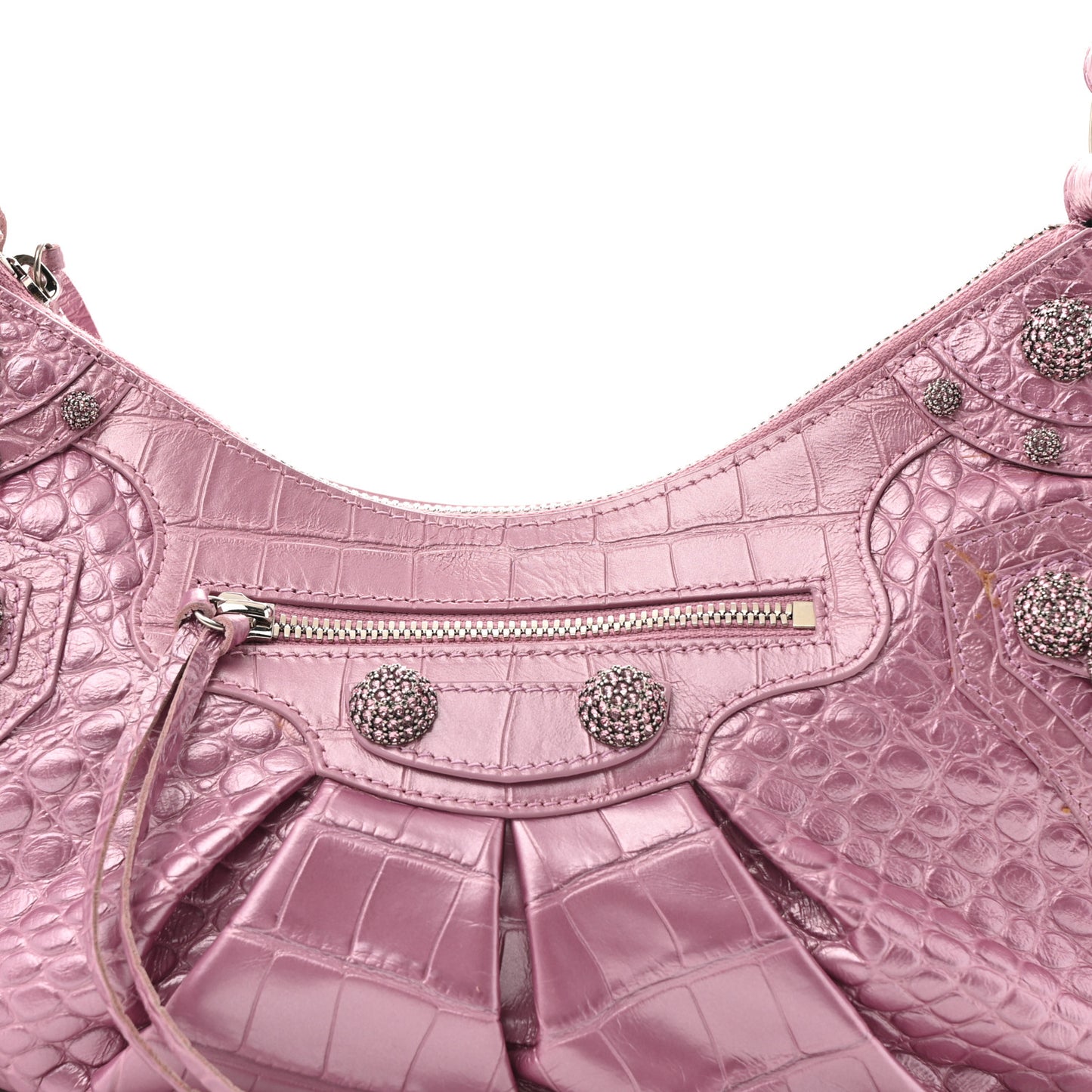 Metallic Extra Supple Calfskin Crystal Crocodile Embossed Small Le Cagole Shoulder Bag Pink