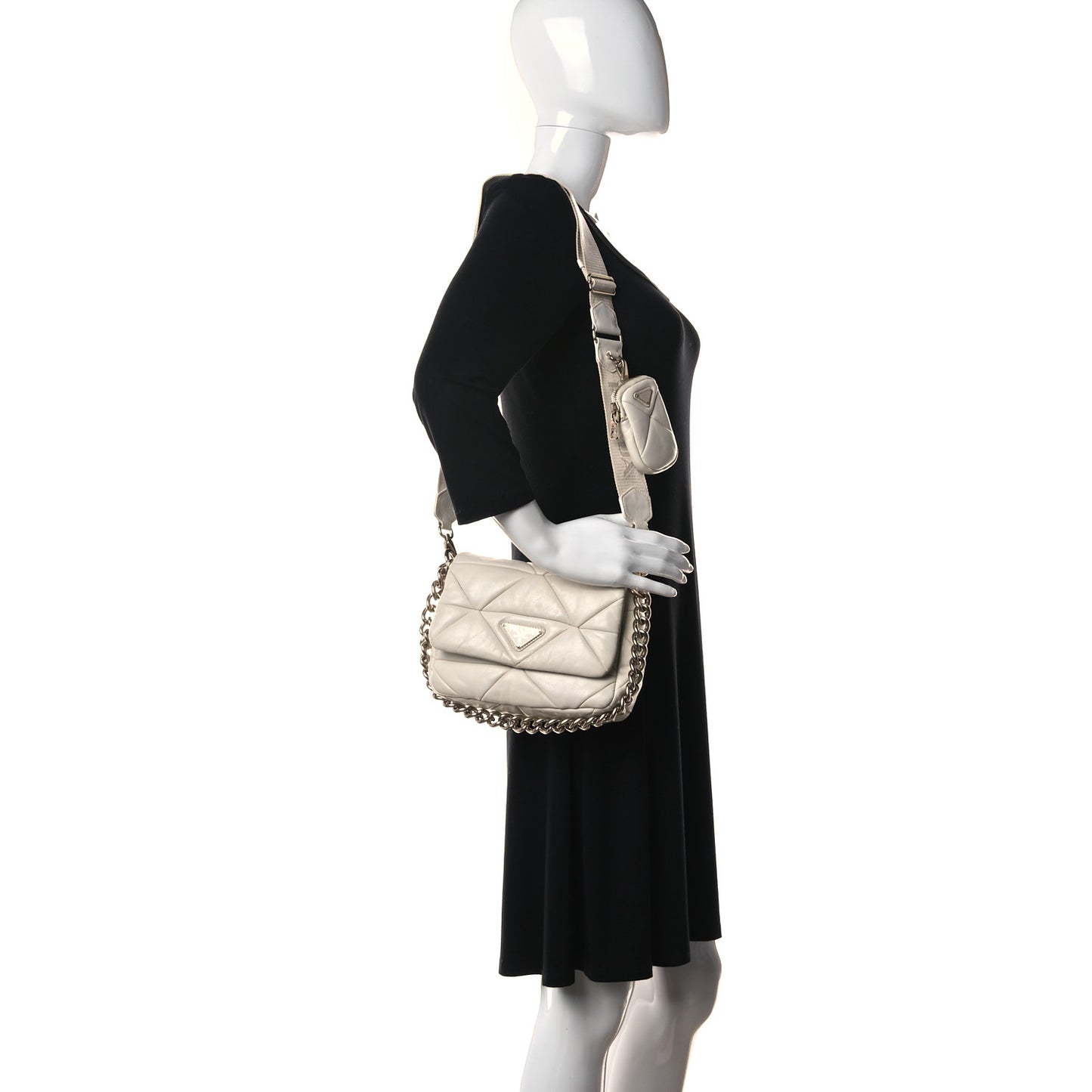 Nappa Re-Nylon Triangle Quilted Patchwork System Flap Shoulder Bag White