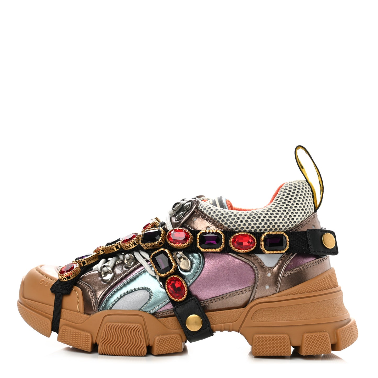 X SEGA Metallic Calfskin Mesh Removable Crystals Womens Flashtrek Sneakers 36 Rame Mystic White Lago