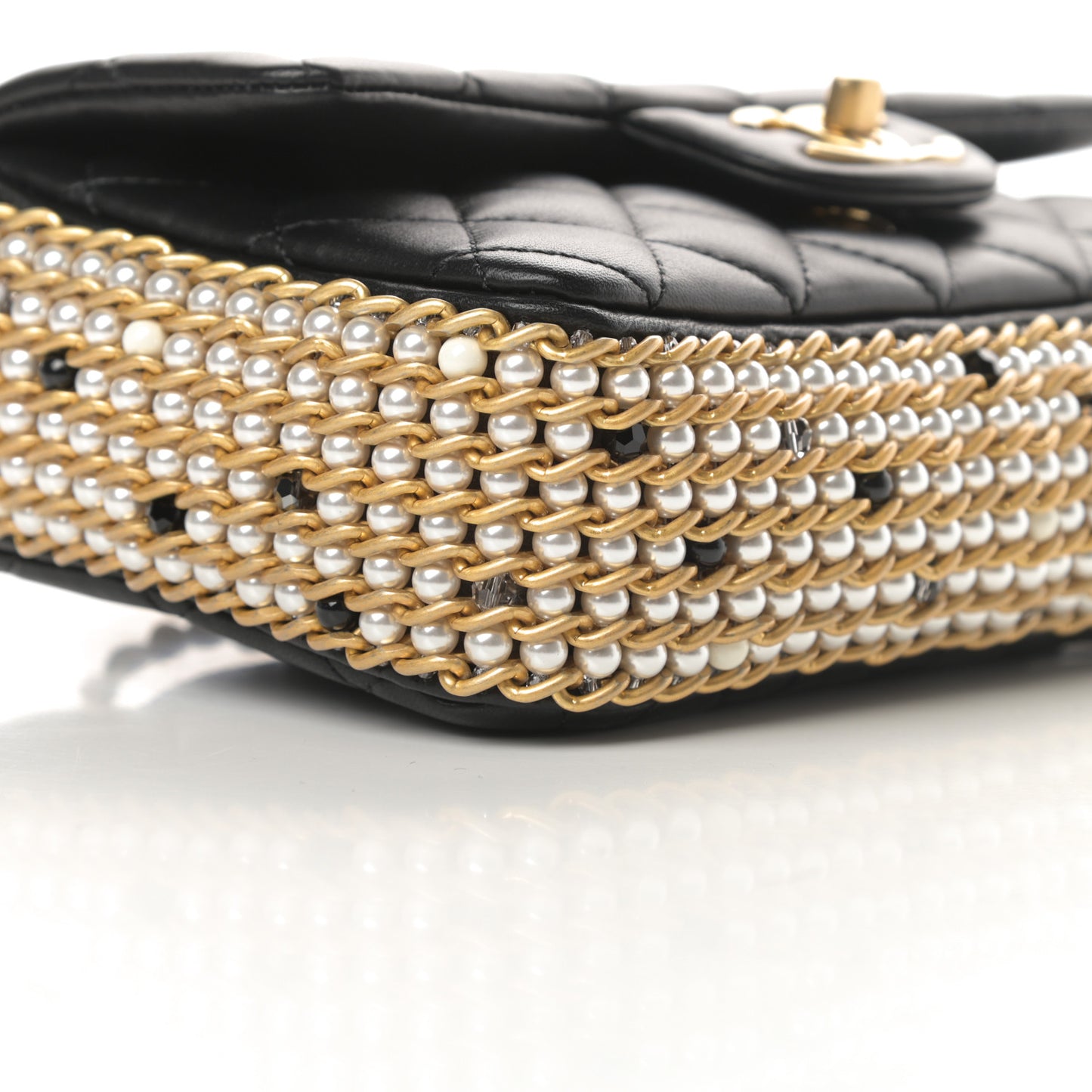 Lambskin Quilted Mini River of Pearls Flap Bag Black