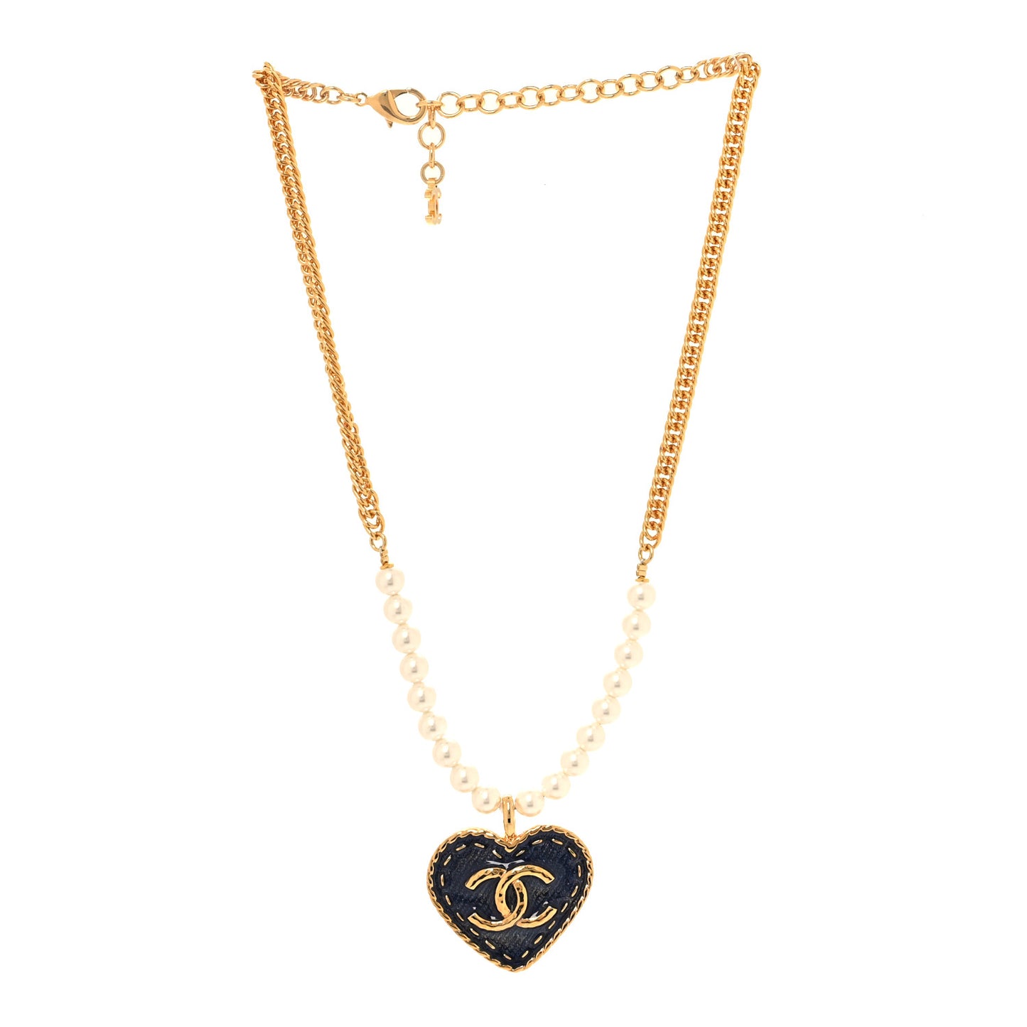 Metal Denim CC Heart Choker Gold Blue Pearly White