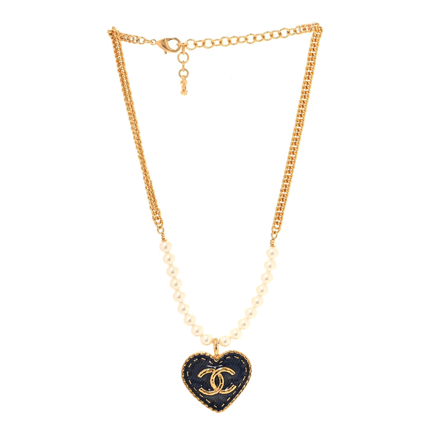 Chanel Metal Denim CC Heart Choker Gold Blue Pearly White 3 of 4