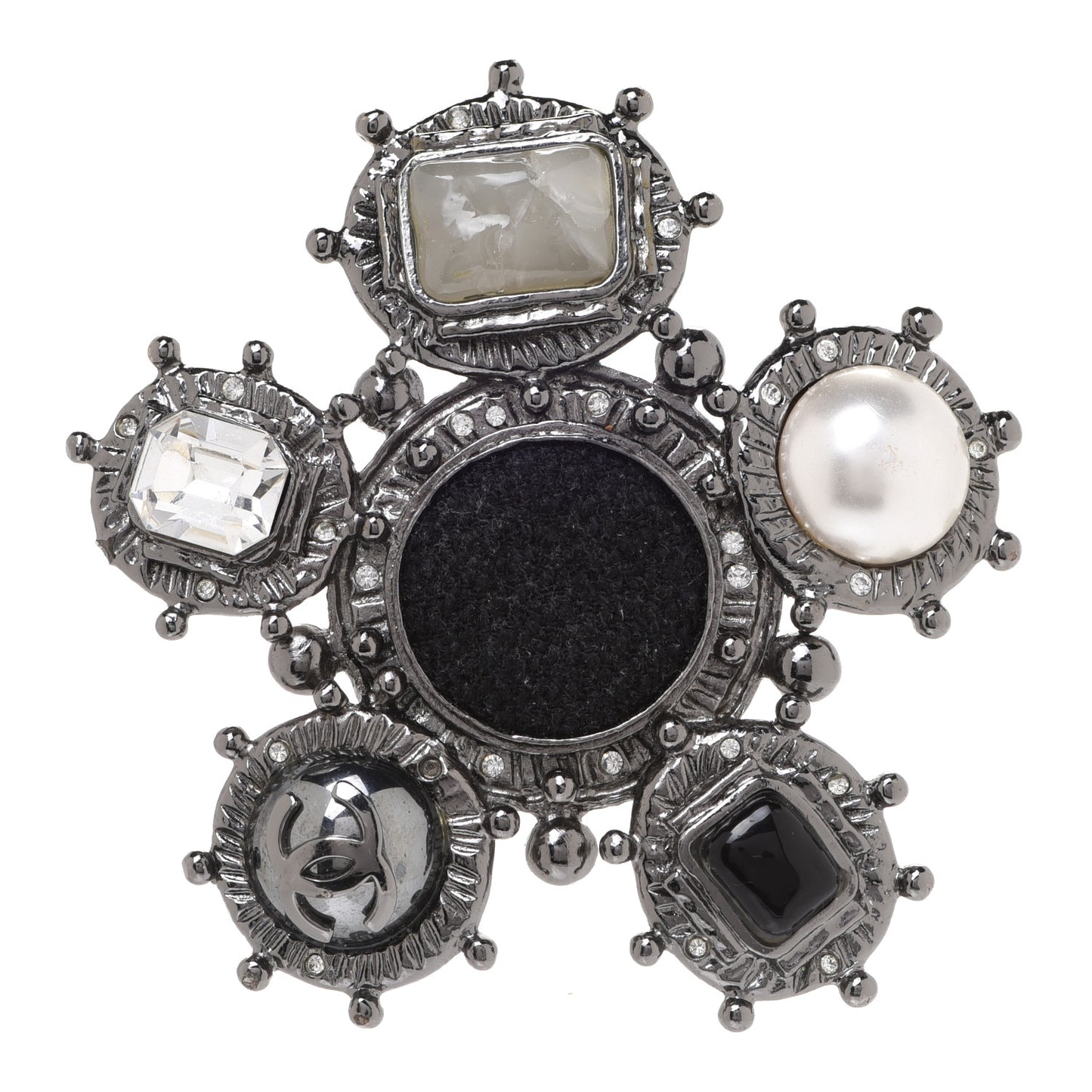 Crystal Pearl Gripoix Poured GlassCC Brooch Silver Black