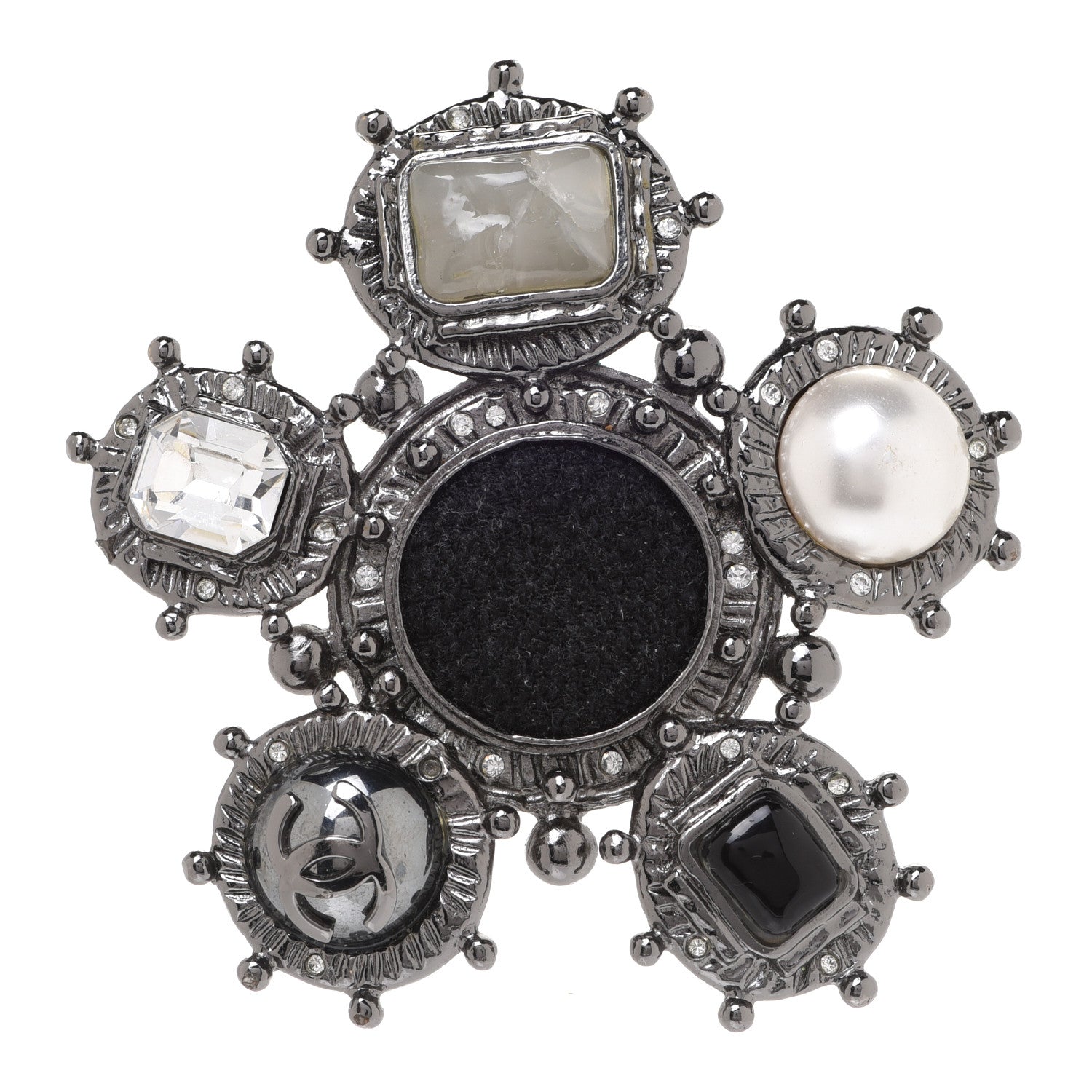 Chanel Crystal Pearl Gripoix Poured GlassCC Brooch Silver Black 1 of 4
