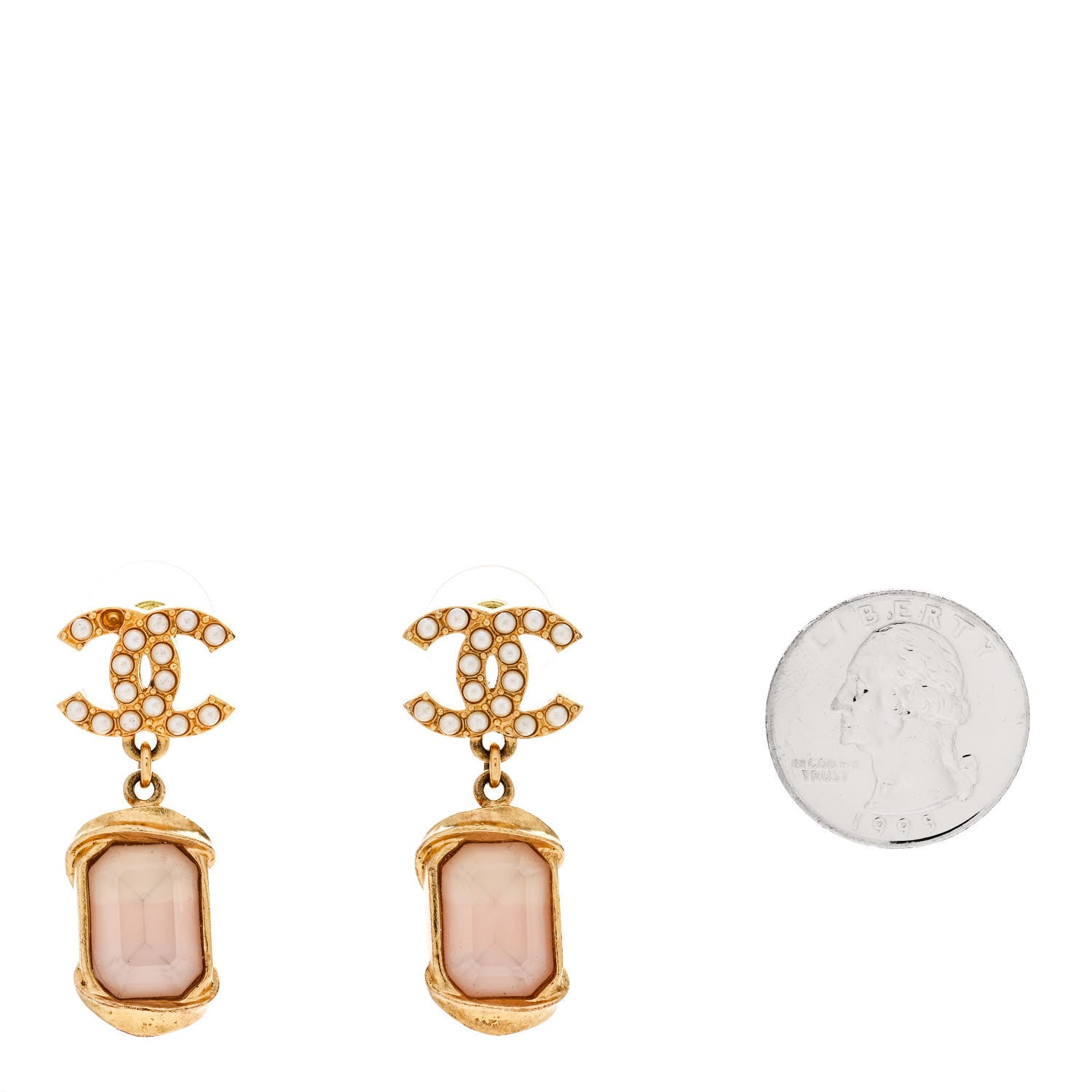 Chanel Metal Crystal Pearl CC Drop Earrings Gold Pink 2 of 6