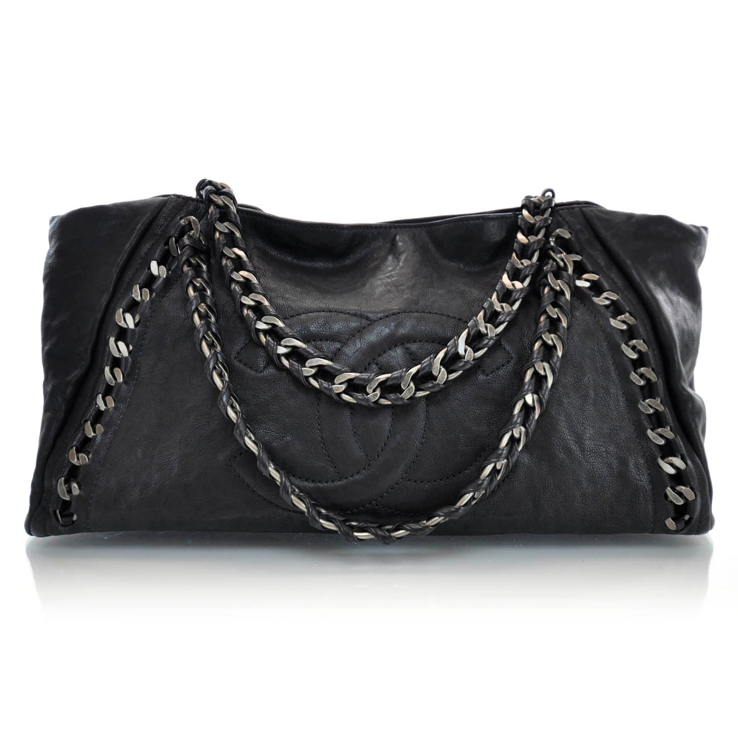 Leather Large Modern Chain Tote Black