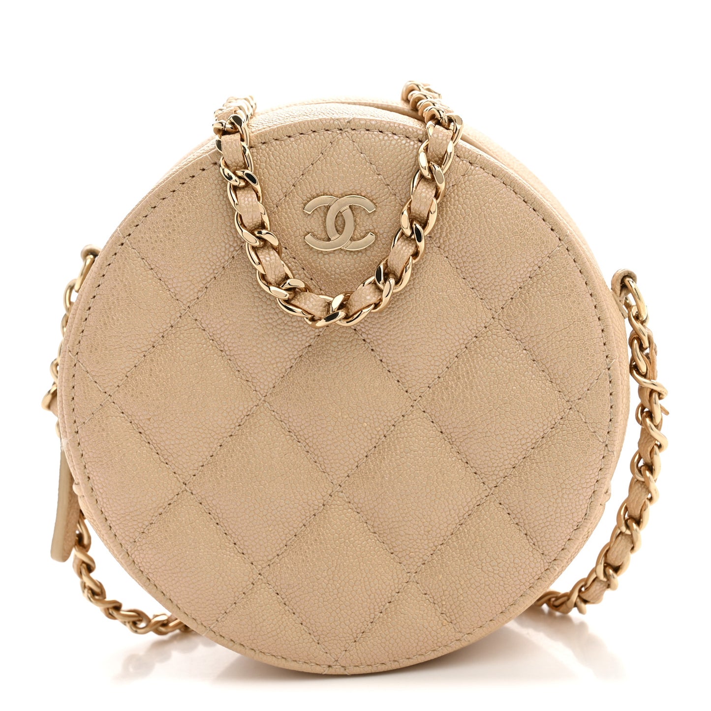 Iridescent Caviar Quilted Round Clutch With Chain Beige