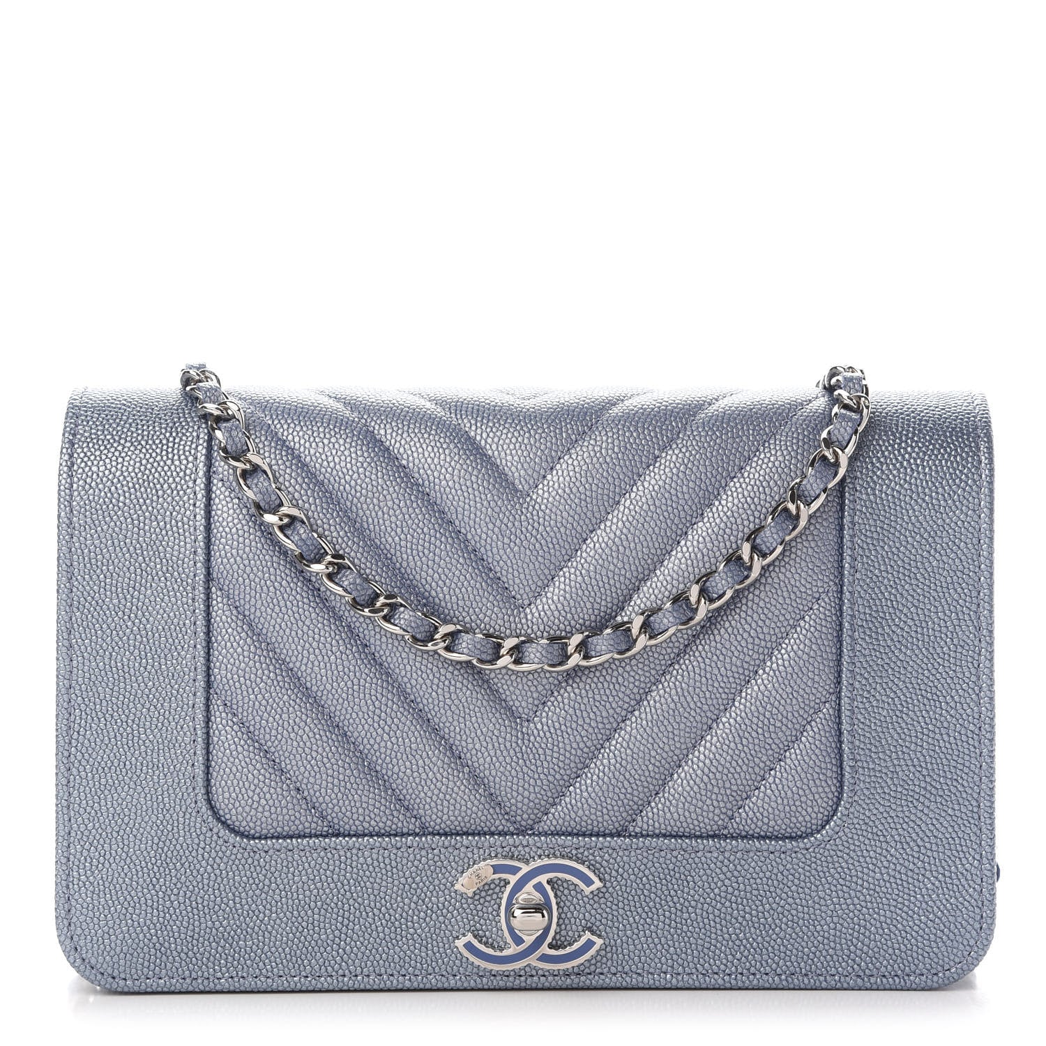 Chanel Metallic Caviar Chevron Quilted Vintage Mademoiselle Wallet On Chain WOC Blue 1 of 10