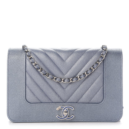 Chanel Metallic Caviar Chevron Quilted Vintage Mademoiselle Wallet On Chain WOC Blue 1 of 10