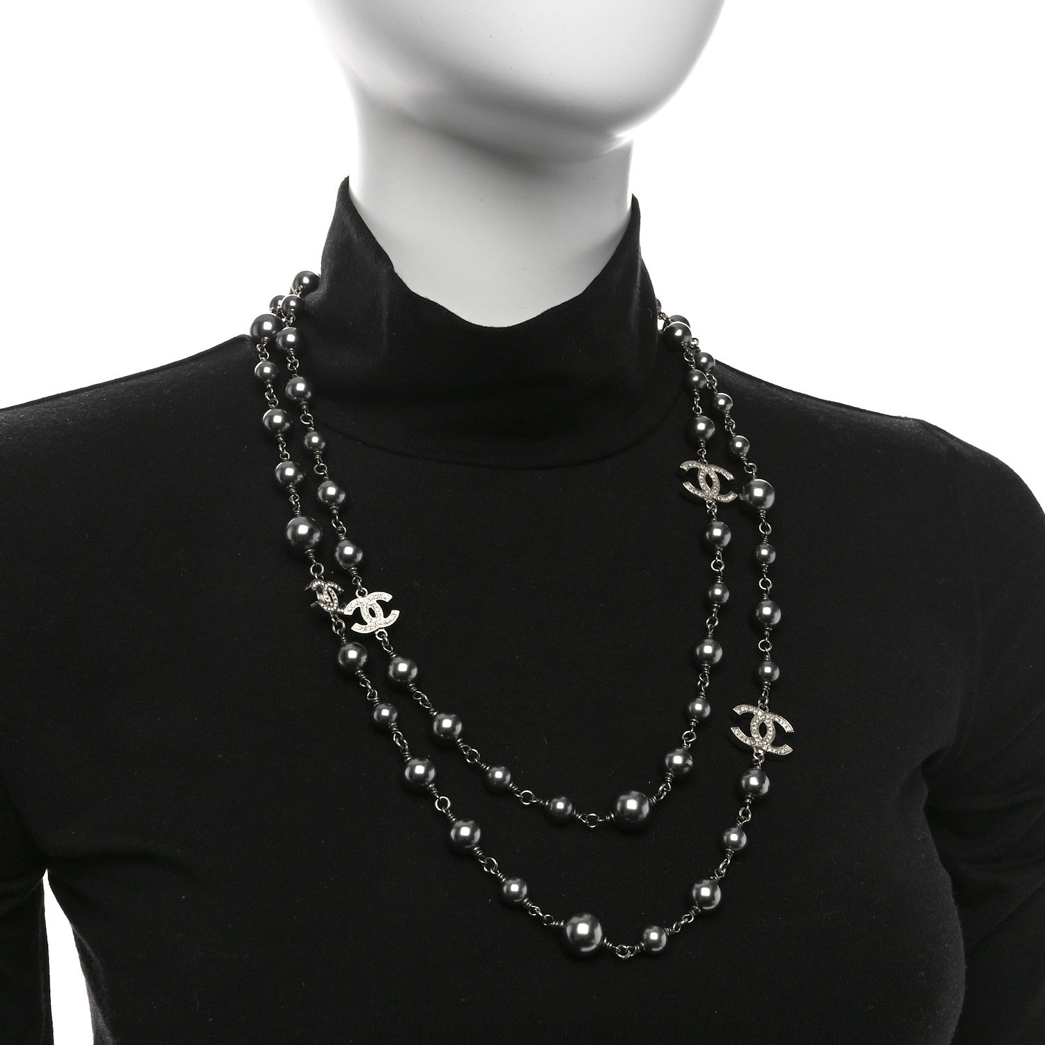 Chanel Crystal Pearl Beaded CC Long Necklace Ruthenium 2 of 5