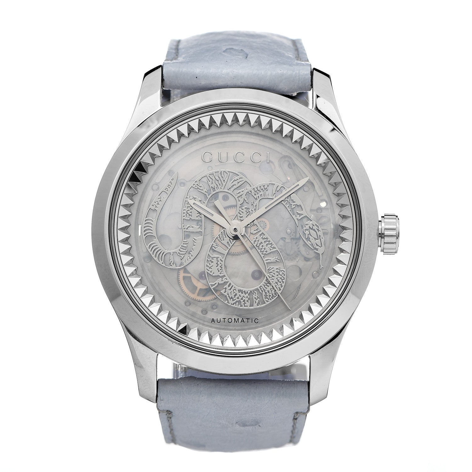 Gucci Stainless Steel Ostrich Blue Mother of Pearl 38mm G-Timeless Snake Automatic Watch 1 of 8