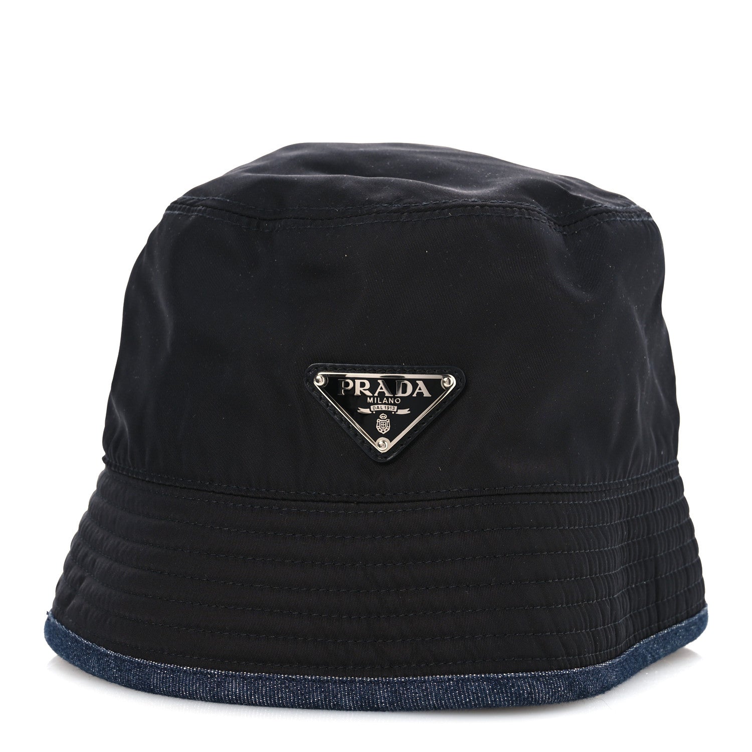 Prada Nylon Denim Metal Triangle Logo Bucket Hat S Black 3 of 9