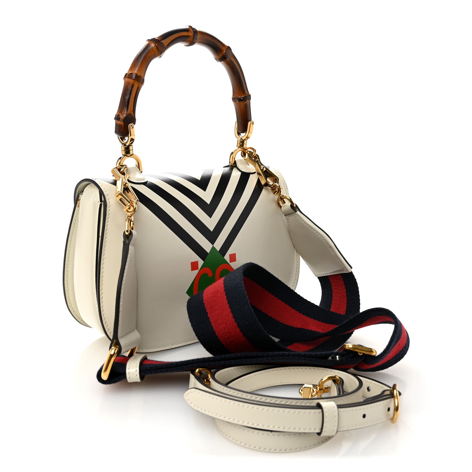 Gucci Calfskin Web Geometric Print Small Bamboo 1947 Top Handle Bag White Multicolor 3 of 12