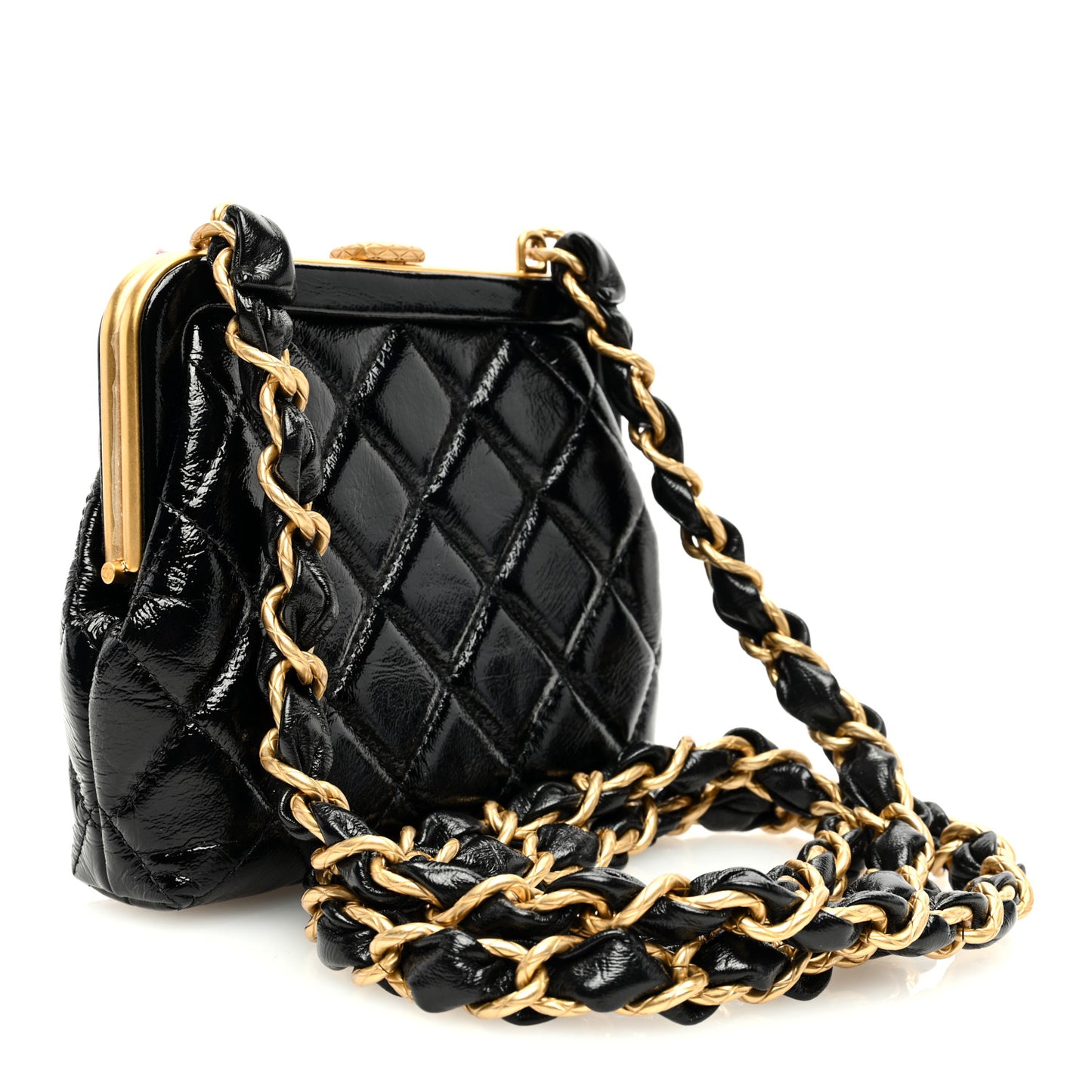 Patent Crumpled Lambskin Quilted Clutch With Chain Black Pink