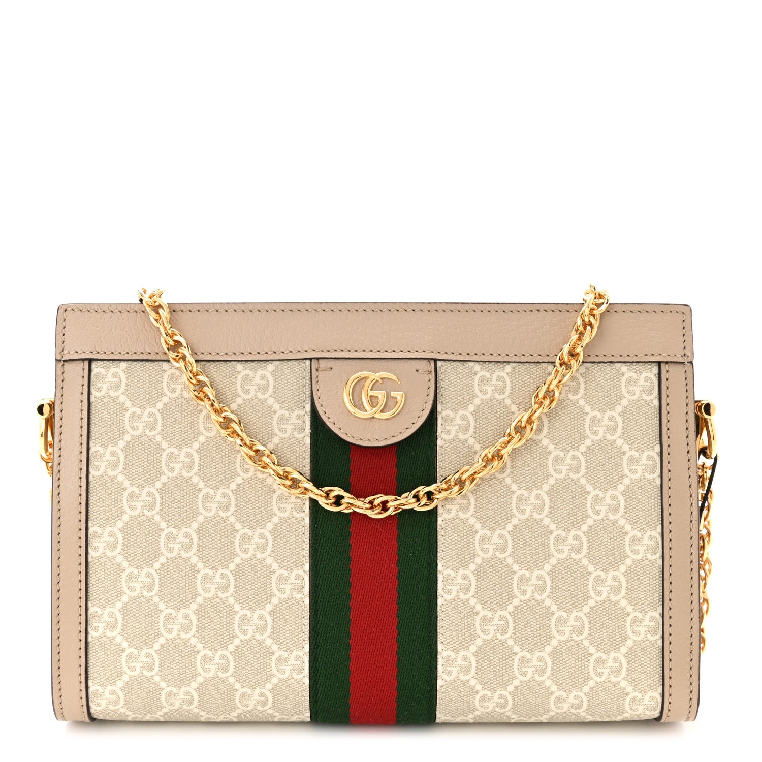 Gucci GG Supreme Monogram Textured Dollar Calfskin Web Small Ophidia Chain Shoulder Bag Beige Mystic White Oatmeal 1 of 10