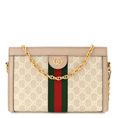 Gucci GG Supreme Monogram Textured Dollar Calfskin Web Small Ophidia Chain Shoulder Bag Beige Mystic White Oatmeal 1 of 10