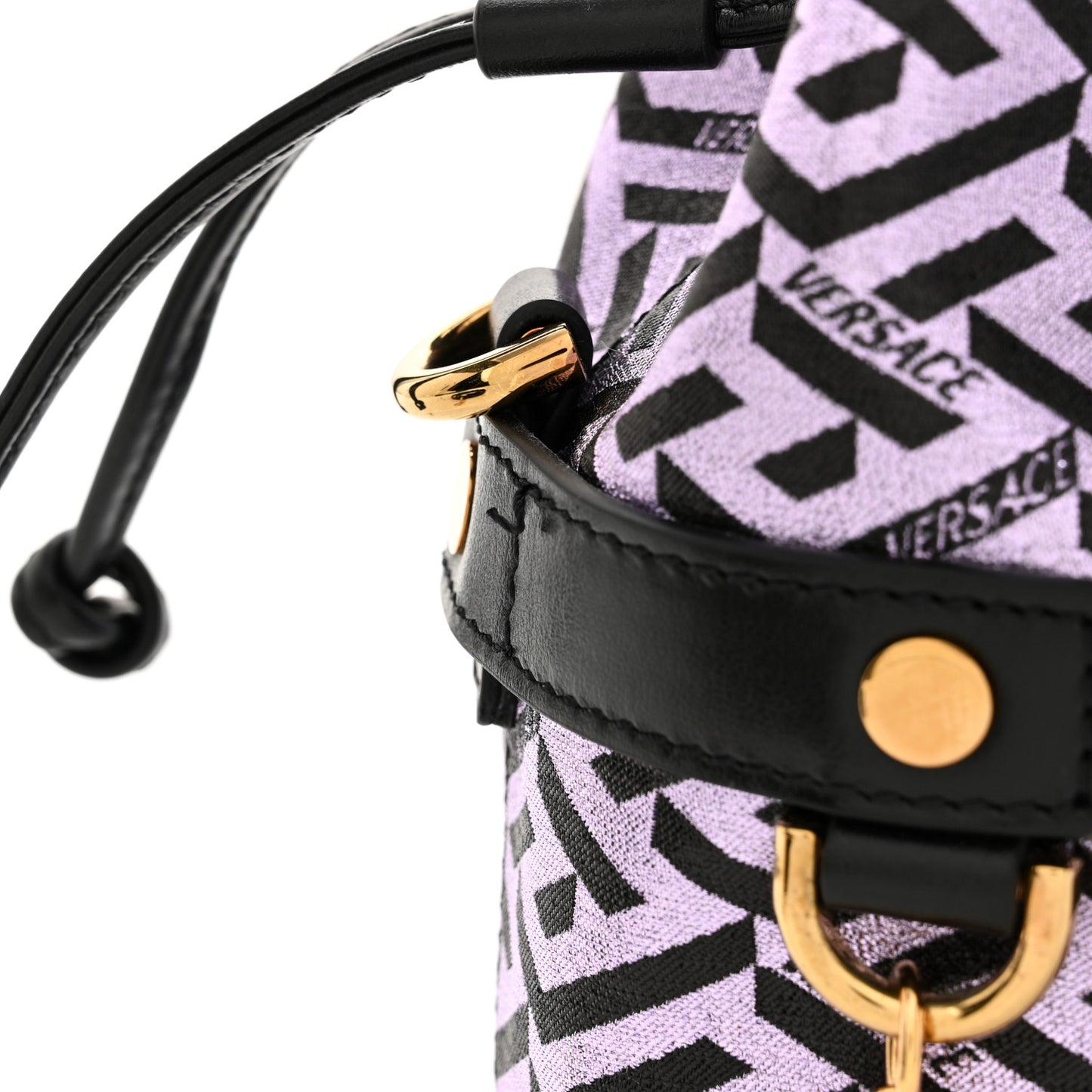 Coated Canvas La Greca Glitter Print Mini Bucket Bag Orchid Black