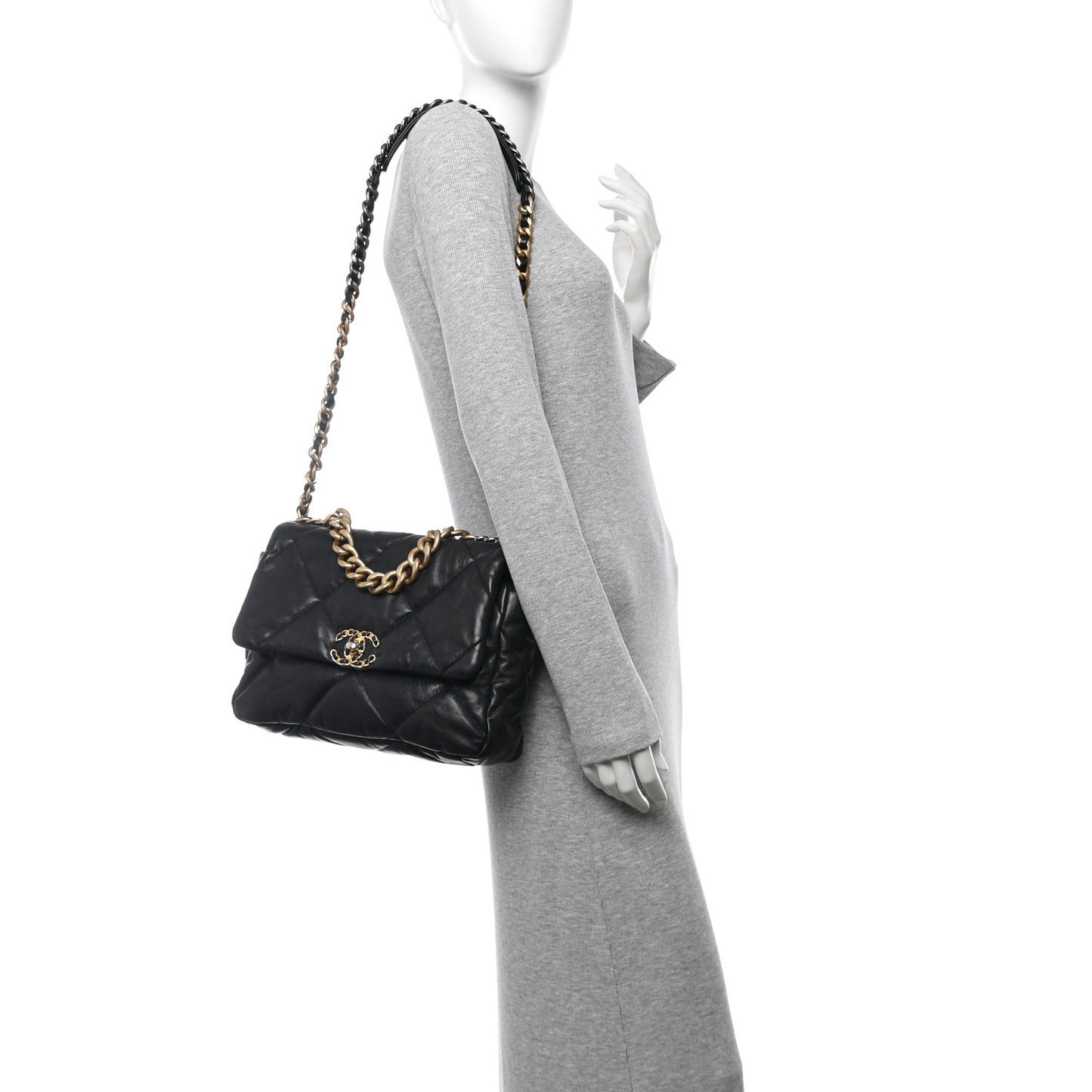 Shiny Goatskin Quilted Large Chanel 19 Flap Black