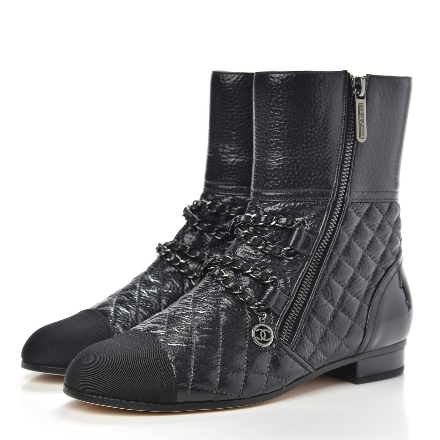 Calfskin Patent Grosgrain Quilted Cap Toe Chain Boots 37 Black