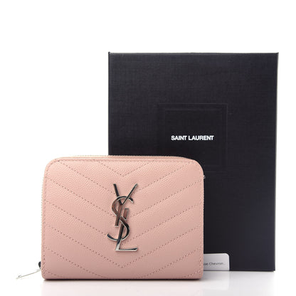 Saint Laurent Grain De Poudre Matelasse Chevron Monogram Compact Zip Around Wallet Pink 8 of 8