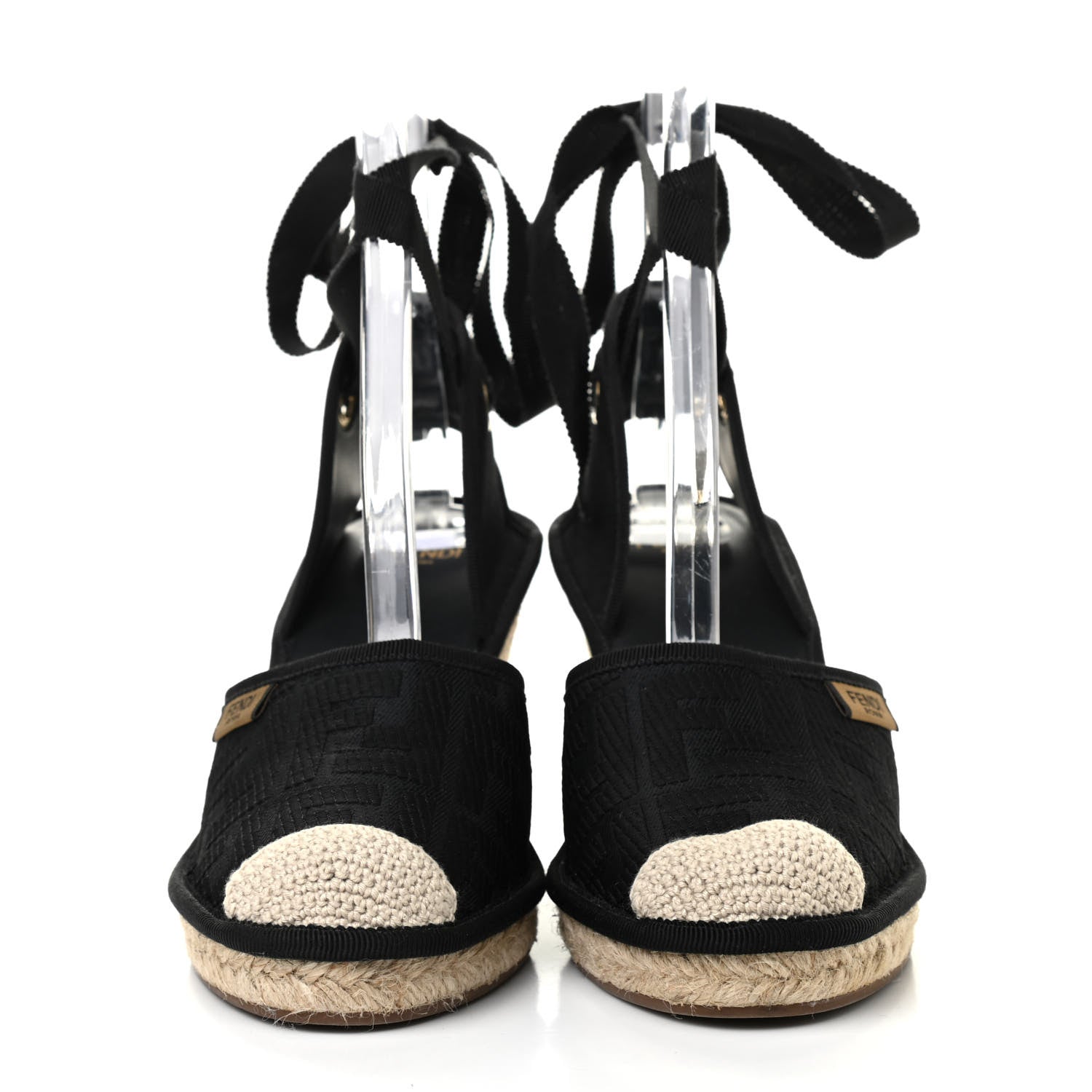 Fendi Canvas FF Embroidered Roma Ankle Wrap Espadrille Wedges 38 Black 2 of 7