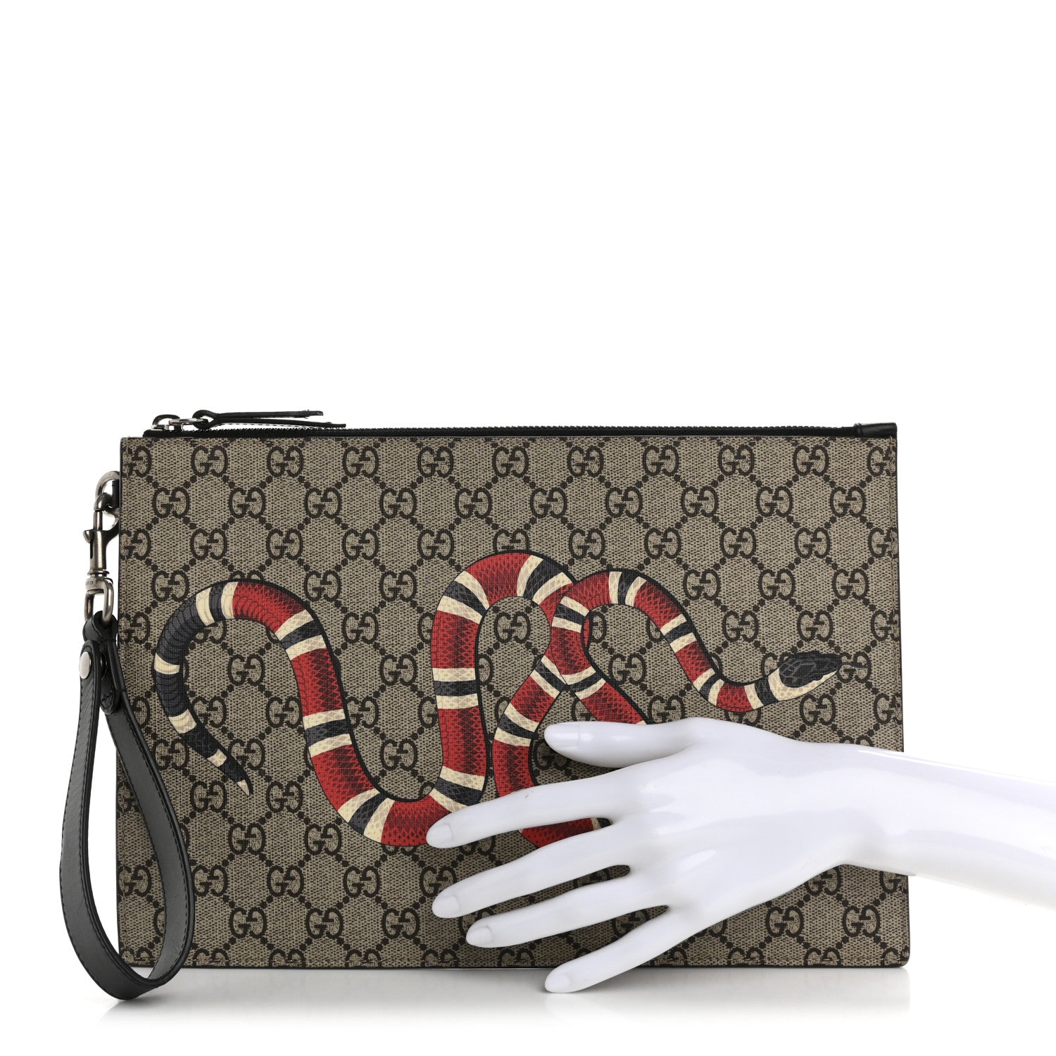 Gucci GG Supreme Monogram Kingsnake Zip Wristlet Pouch Beige Black 2 of 11
