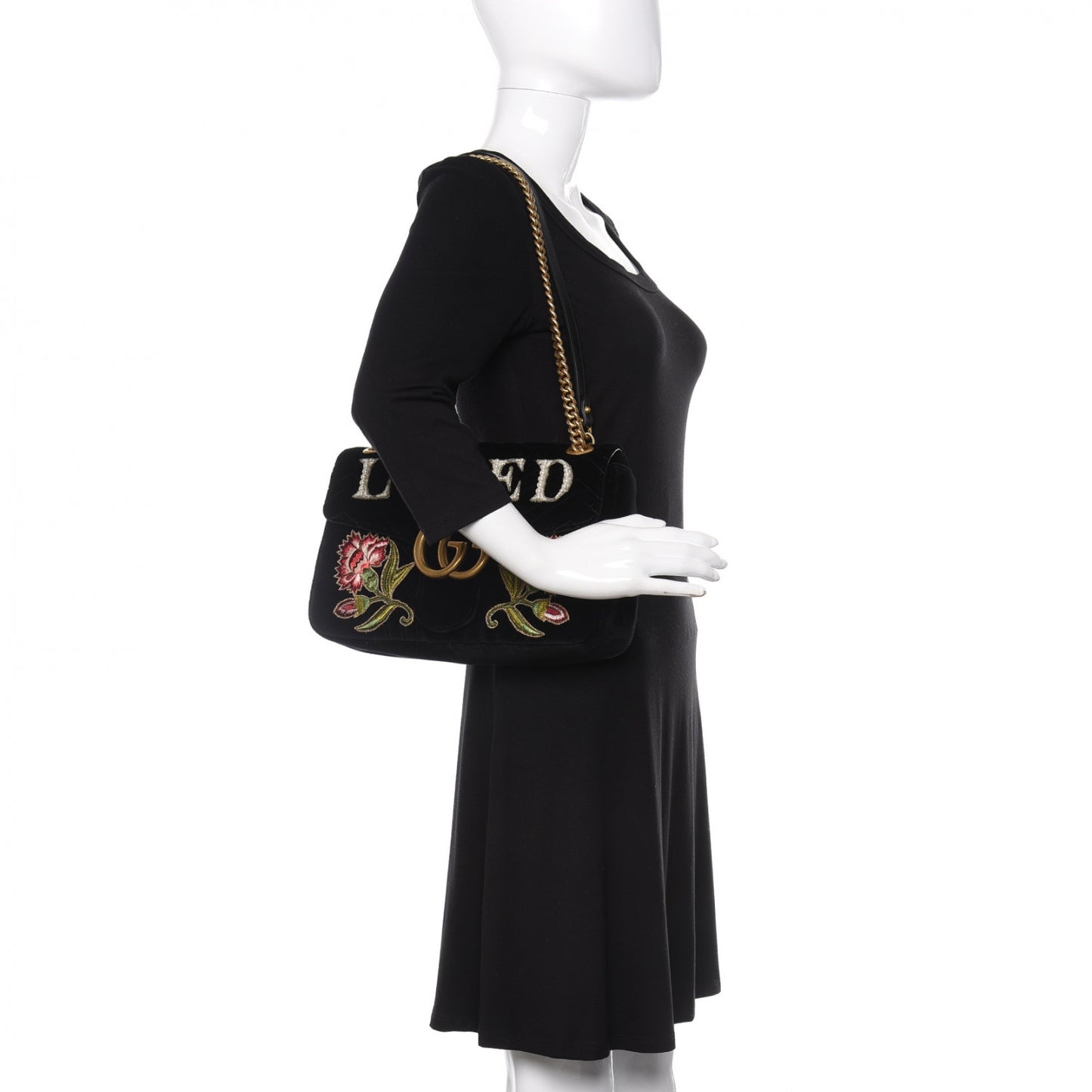 Velvet Matelasse Loved Embroidered Medium GG Marmont Shoulder Bag Black