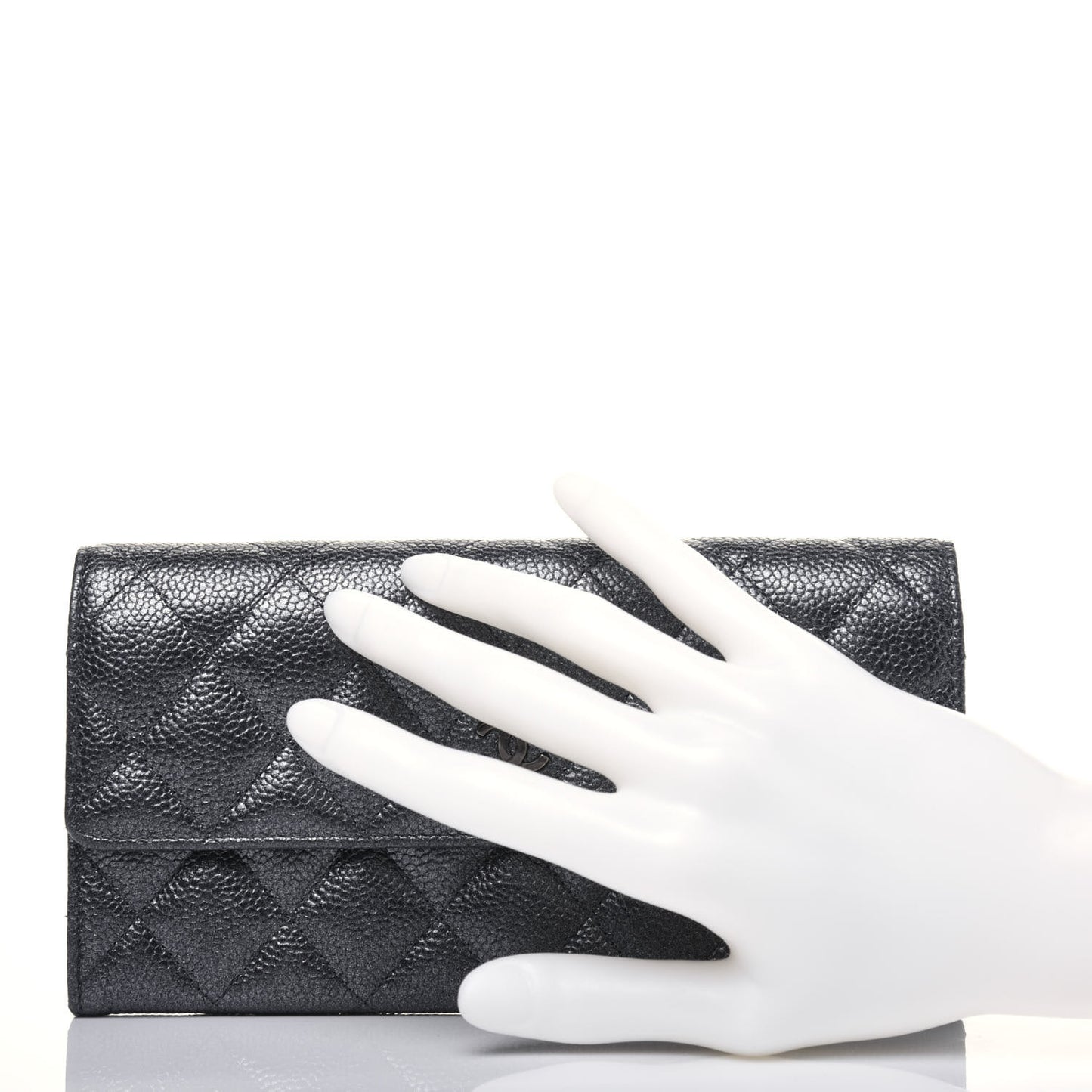Metallic Caviar Quilted Large Flap Wallet Charcoal