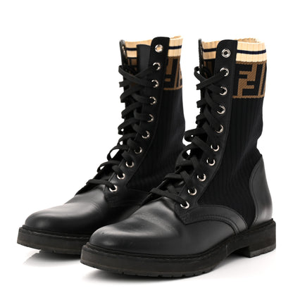 Fendi Calfskin Stretch Fabric Rockoko Biker Boots 38 Tobacco Black Marino 3 of 8