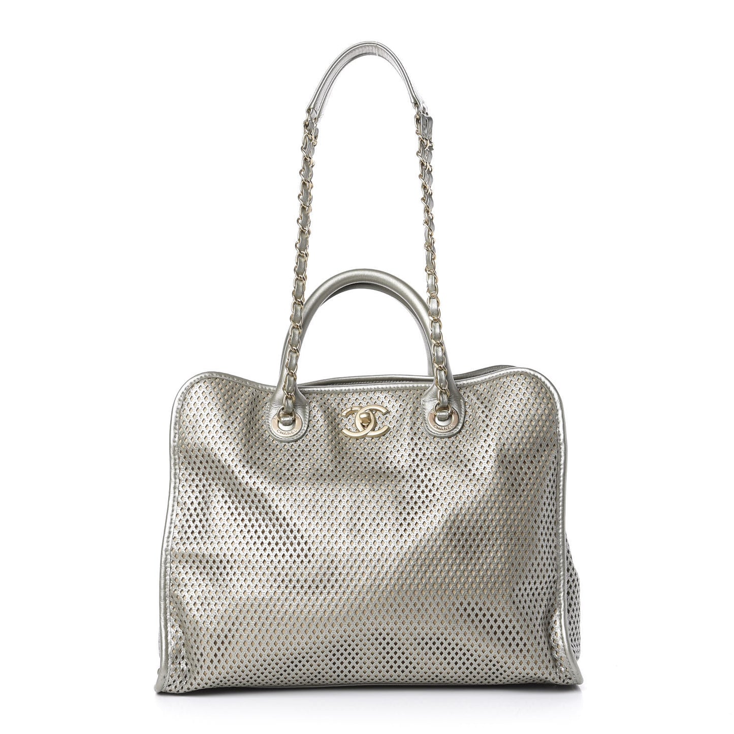 Metallic Calfskin Perforated Up In The Air Tote Silver