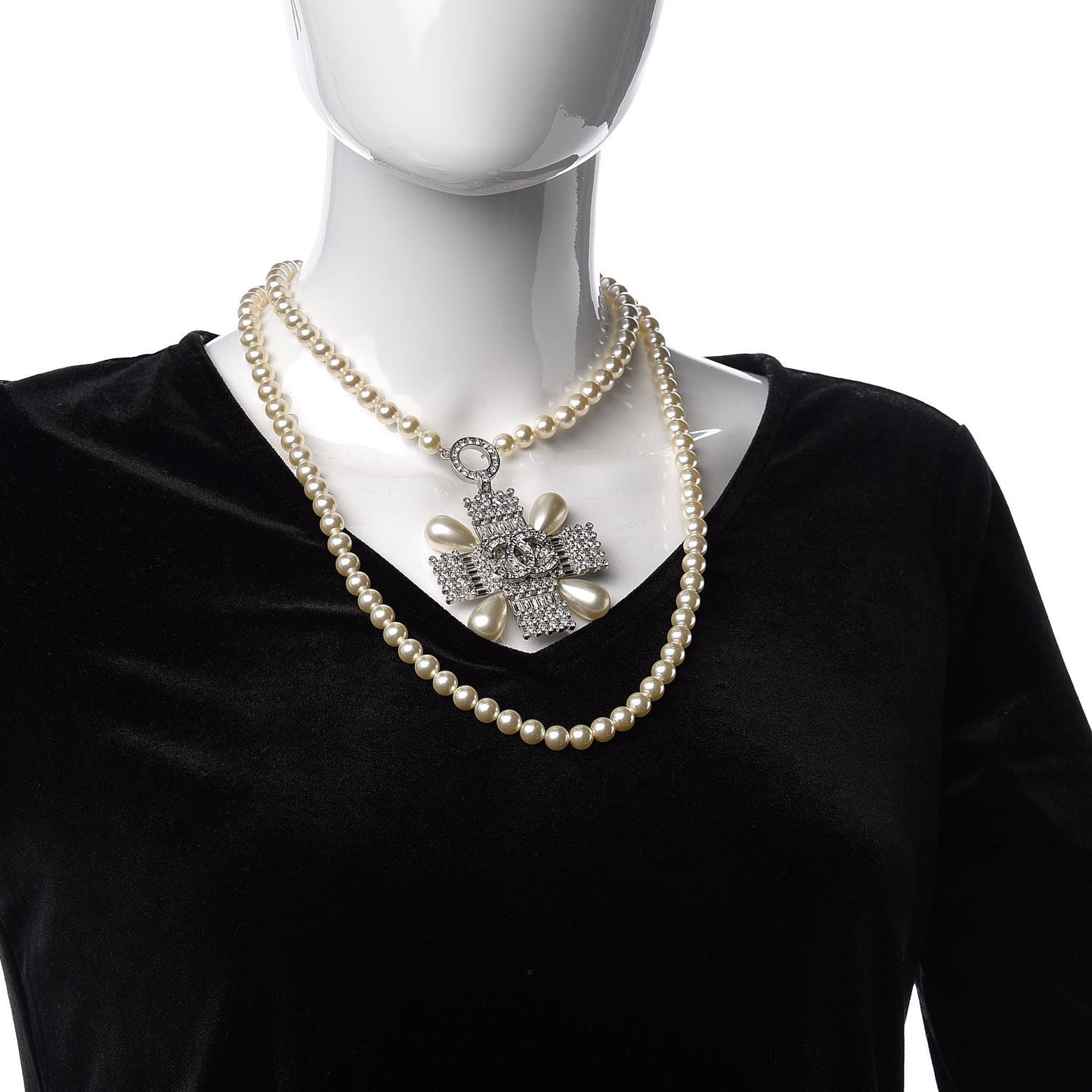 Pearl Crystal Baguette Double Strand CC Necklace Silver