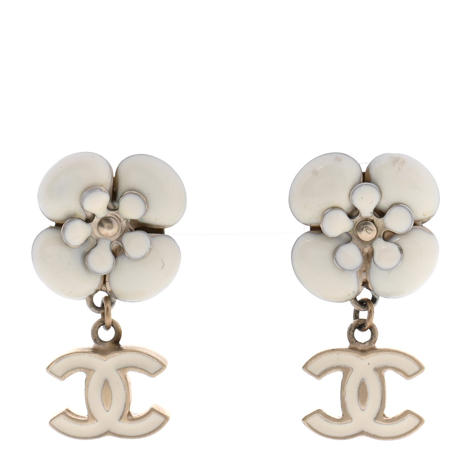 Chanel Enamel CC Camellia Earrings White Gold 1 of 4