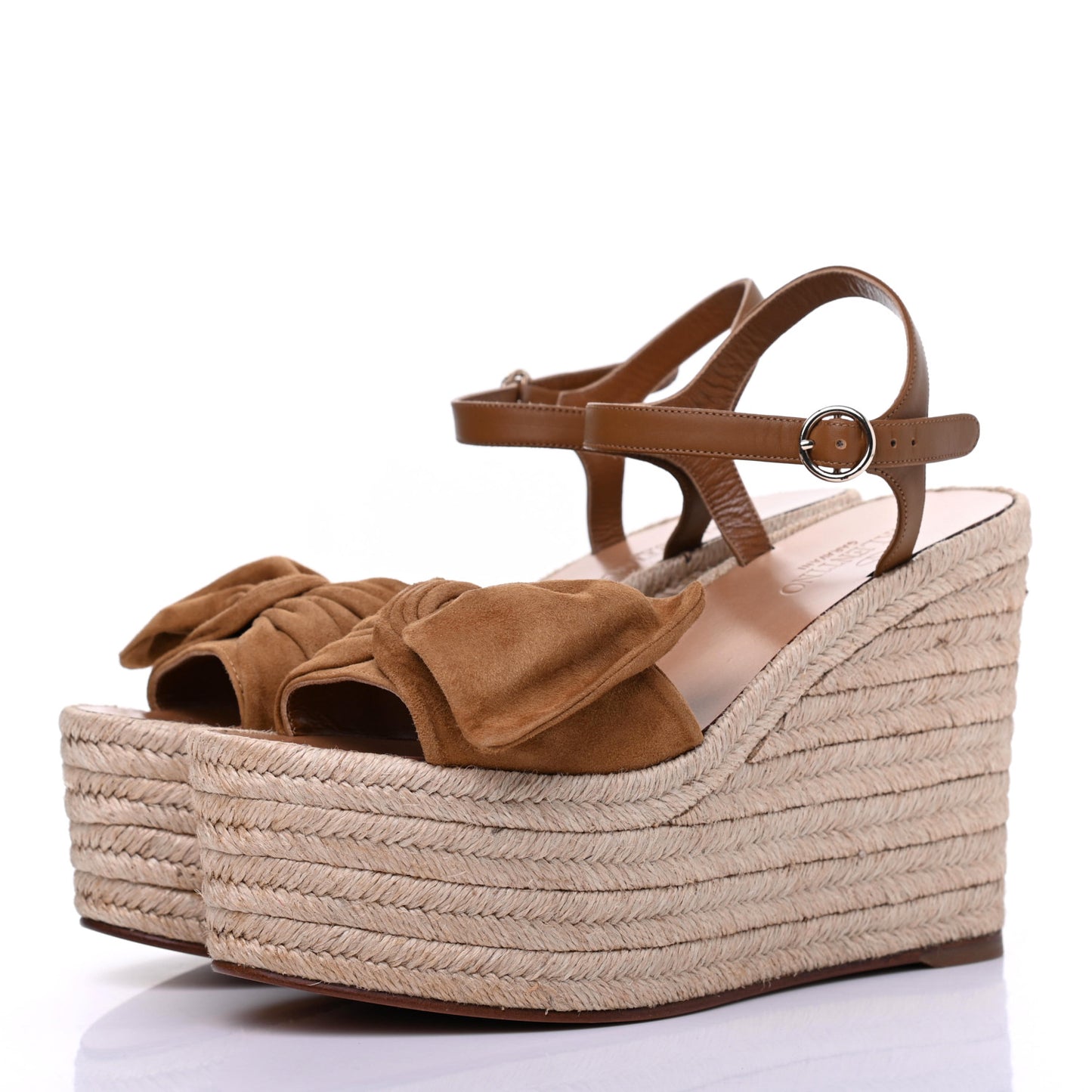 Suede Calfskin Tropical Bow Espadrille Platform Wedge Sandals 37 Brown