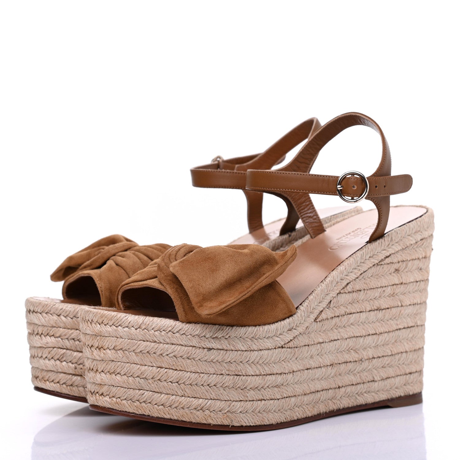 Valentino Garavani Suede Calfskin Tropical Bow Espadrille Platform Wedge Sandals 37 Brown 3 of 10