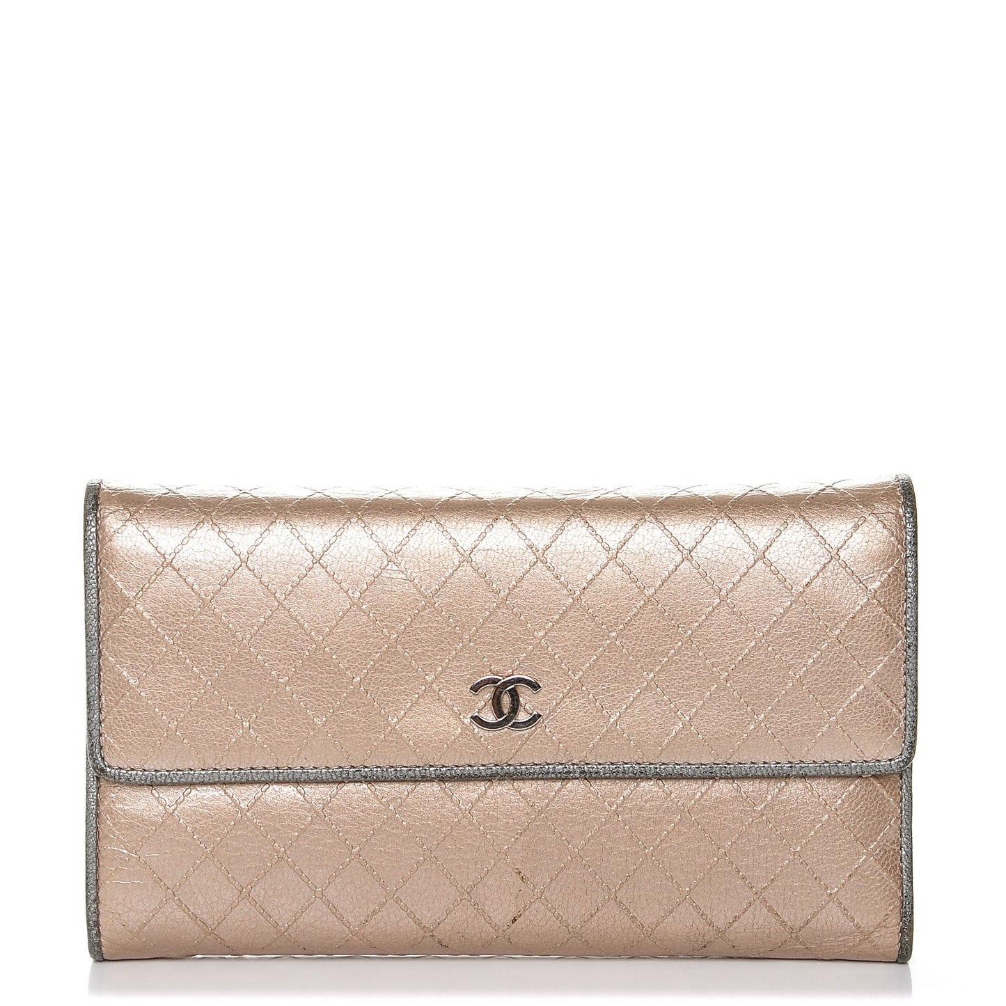 Metallic Calfskin Diamond Stitched Flap Wallet Gold