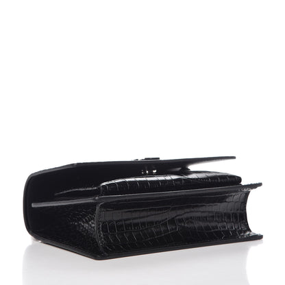 Saint Laurent Calfskin Crocodile Embossed Monogram Sunset Chain Wallet Black 3 of 6